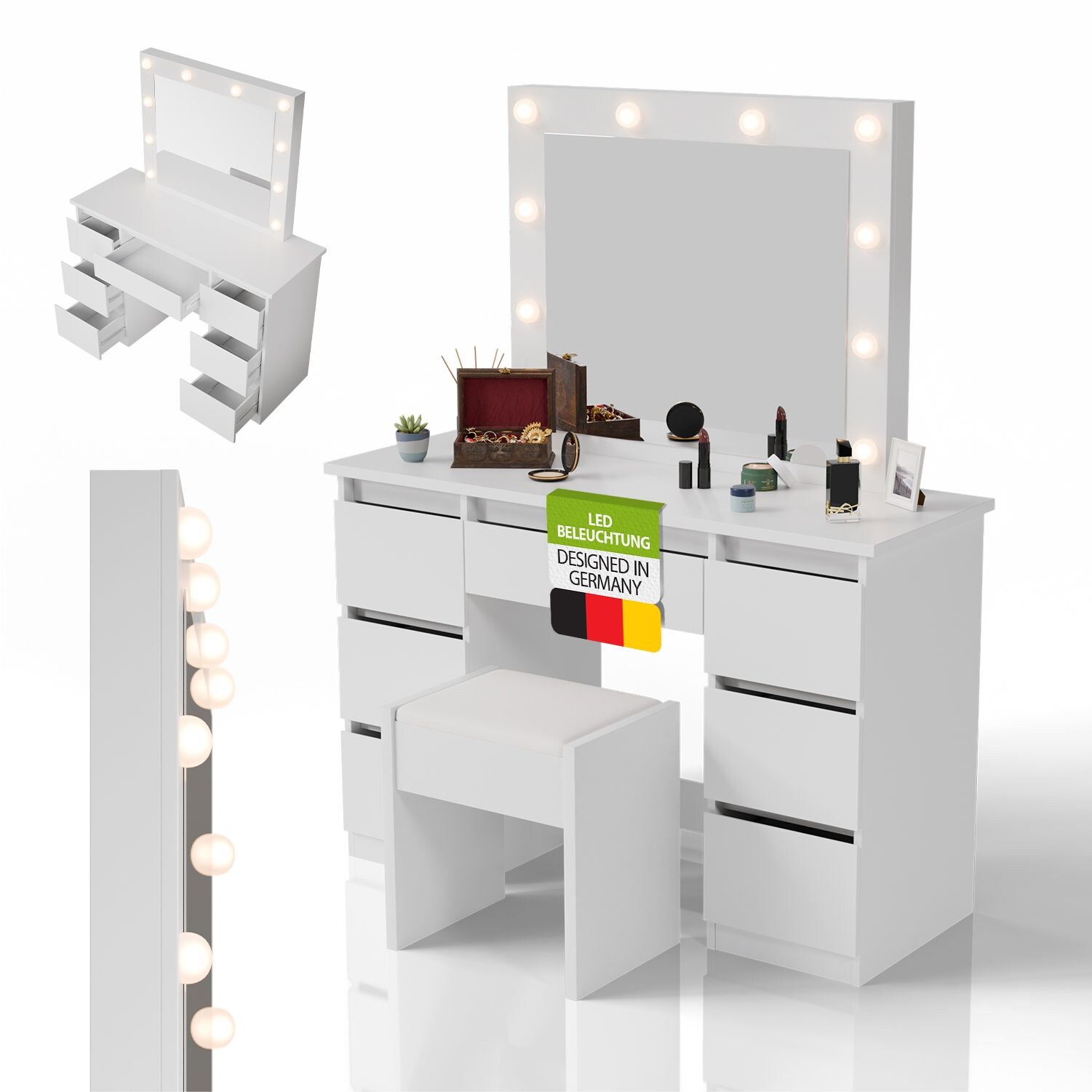 Juskys Schminktisch Talea und Hocker Melly mit LED-Spiegel, 3 Farbtemperaturen, stufenlose Helligkeit, viel Stauraum &ndash; Wei&szlig; 