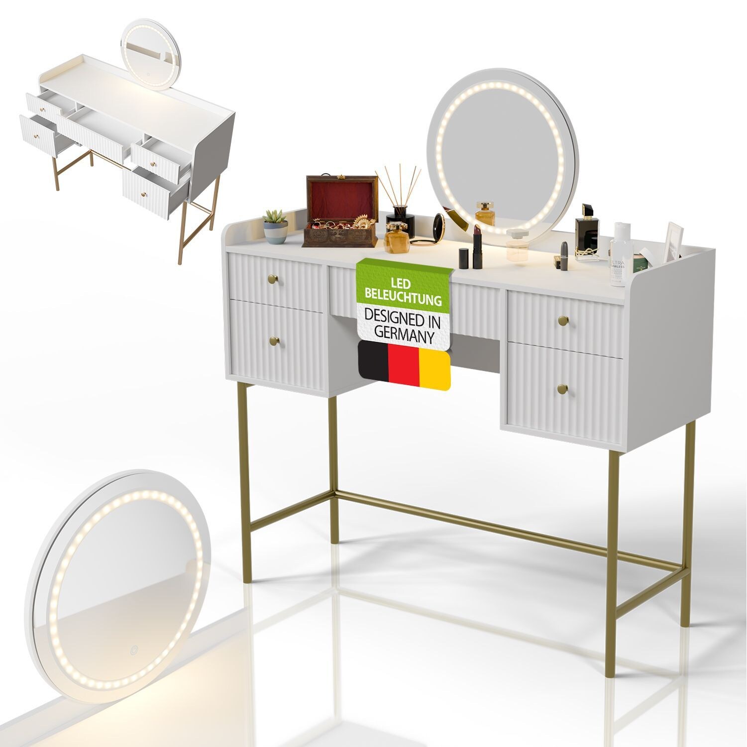 Juskys Schminktisch Samira mit Touch-LED-Spiegel & viel Stauraum, 5 Schubladen &ndash; Wei&szlig;/Gold 