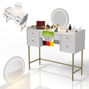 Juskys Schminktisch Samira mit Touch-LED-Spiegel & viel Stauraum, 5 Schubladen – Weiß/Gold 
