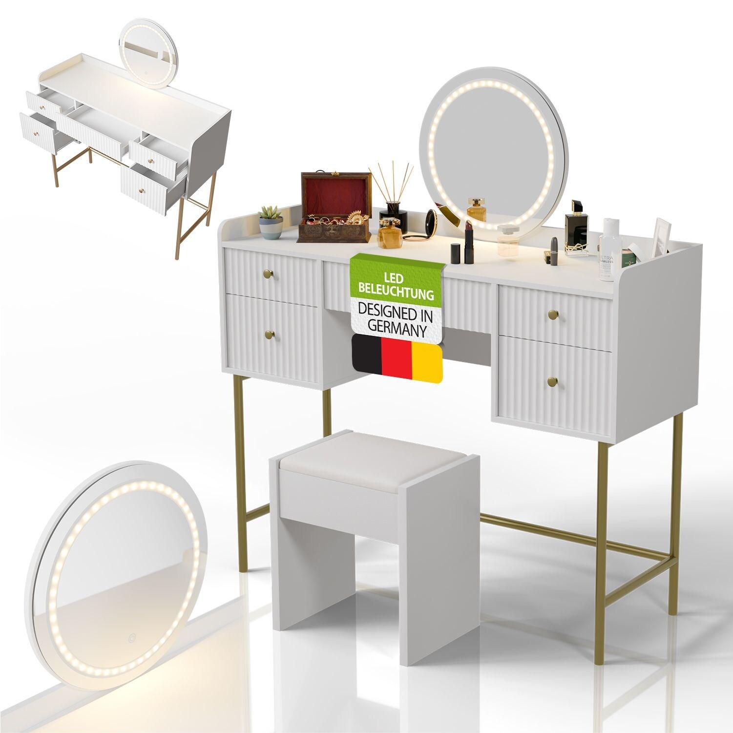 Juskys Schminktisch Samira & Hocker Melly mit Touch-LED-Spiegel & viel Stauraum, 5 Schubladen &ndash; Wei&szlig;/Gold 