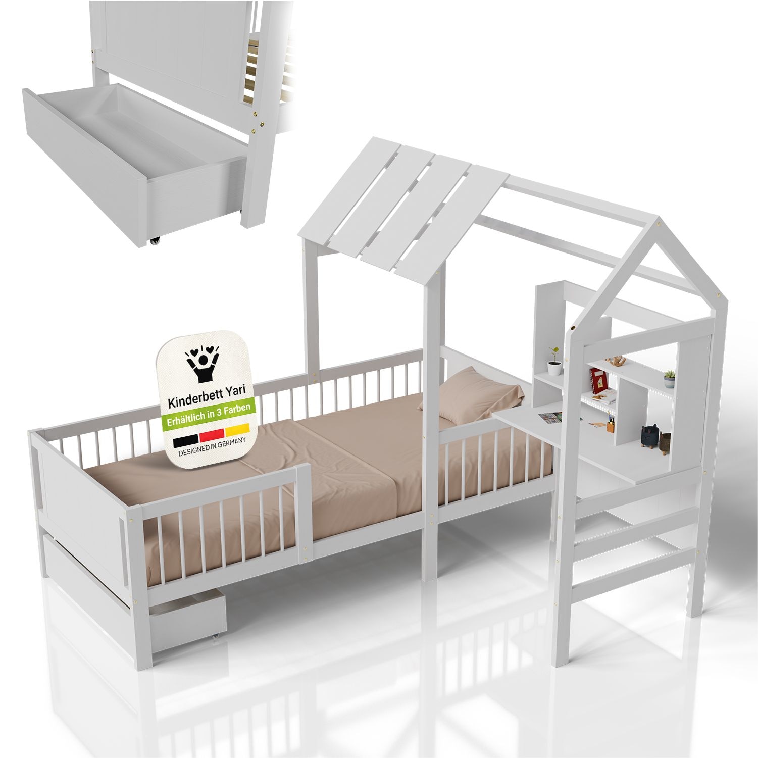 Juskys Kinderbett Yari - Integrierter Schreibtisch, Schublade, Pflegeleicht, 150 kg belastbar - wei&szlig; 