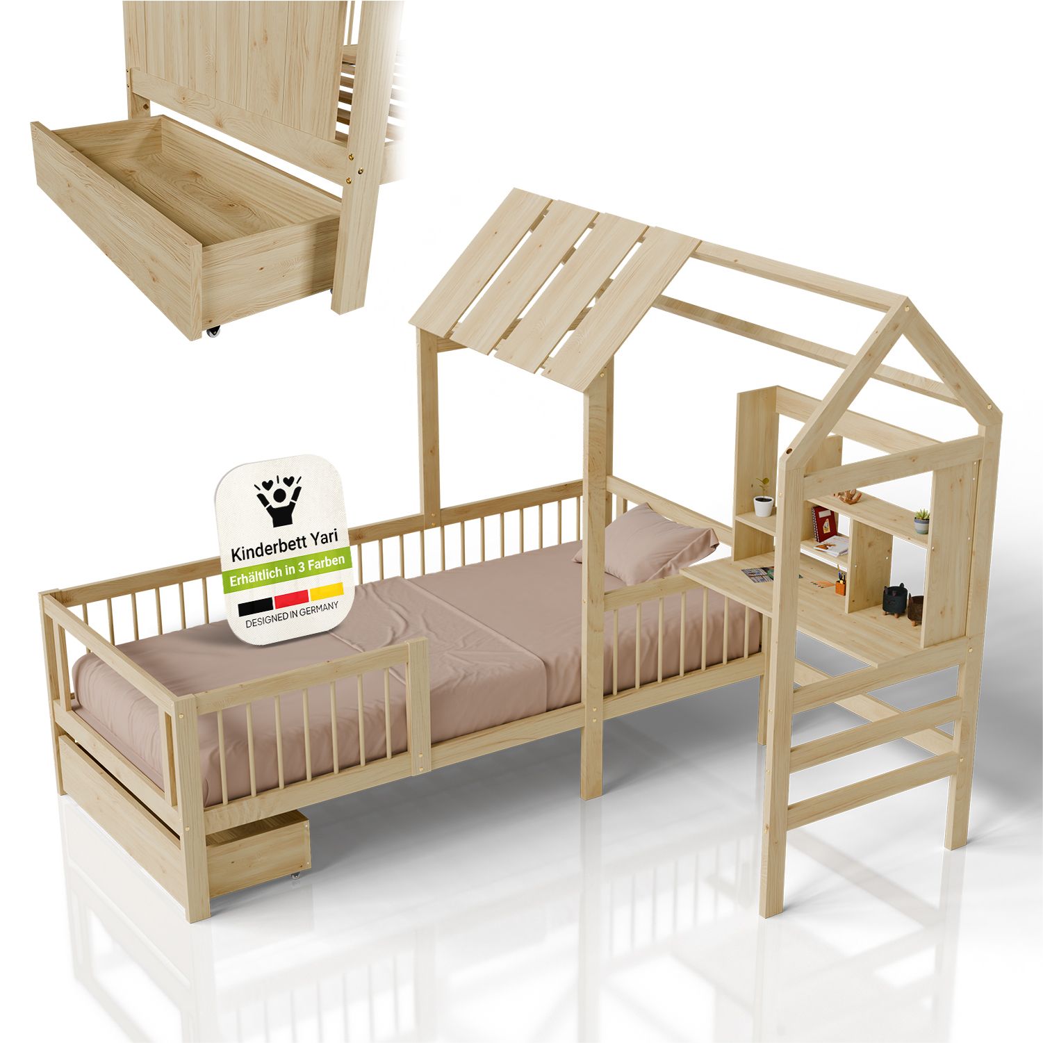 Juskys Kinderbett Yari - Integrierter Schreibtisch, Schublade, Pflegeleicht, 150 kg belastbar - natur 