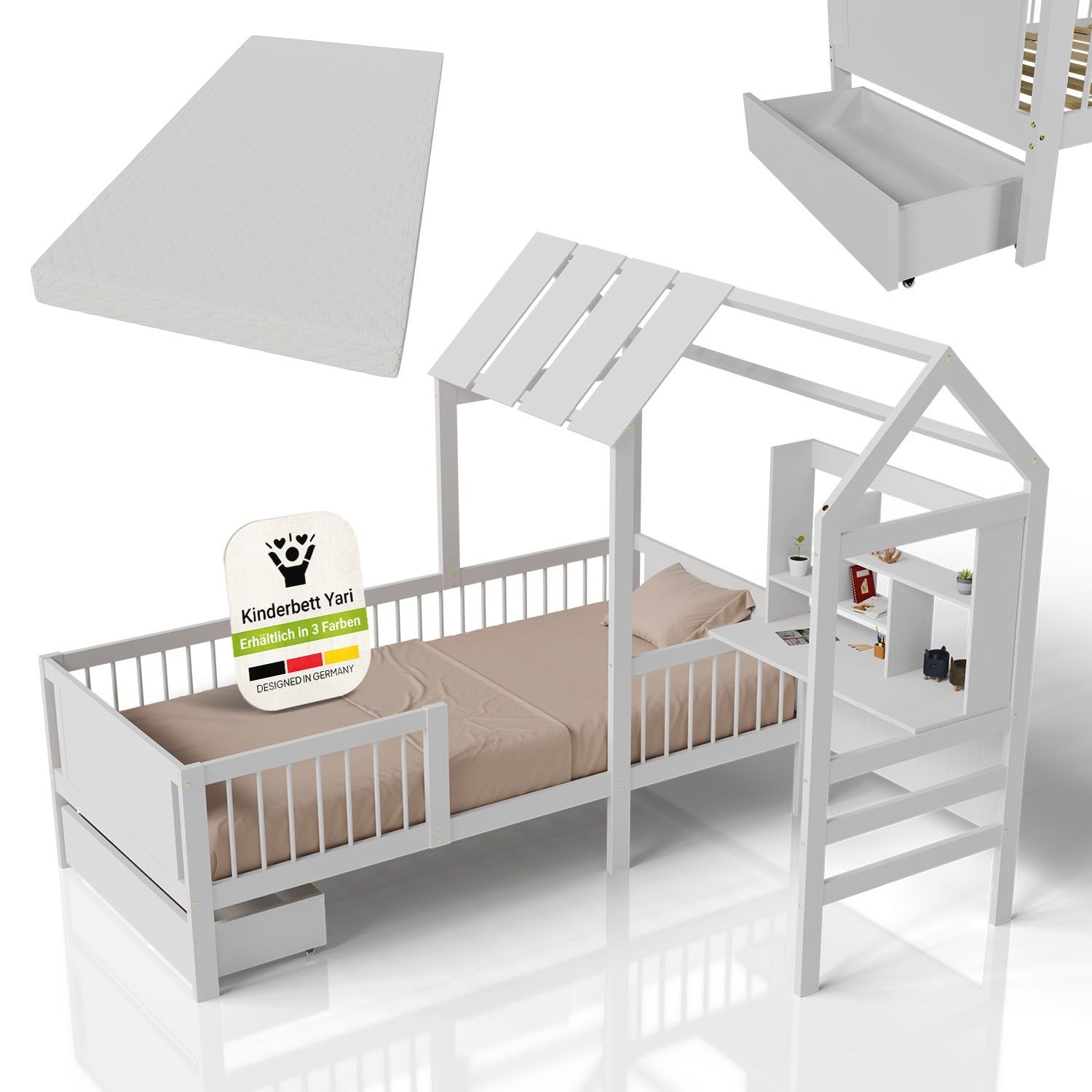 Juskys Kinderbett Yari 90x200 cm - Integrierter Schreibtisch, Praktische Schublade - wei&szlig; 