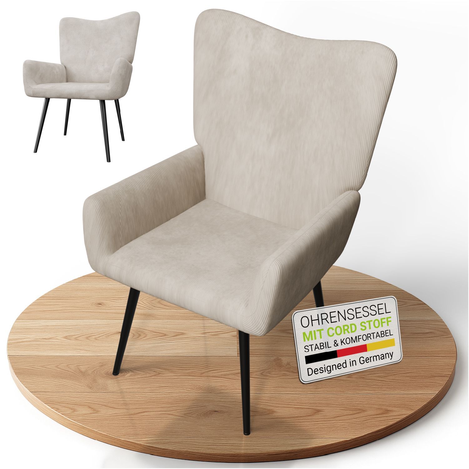 Juskys Ohrensessel Odense ohne Hocker, Relaxsessel mit Cord & Stahlgestell &ndash; Beige 