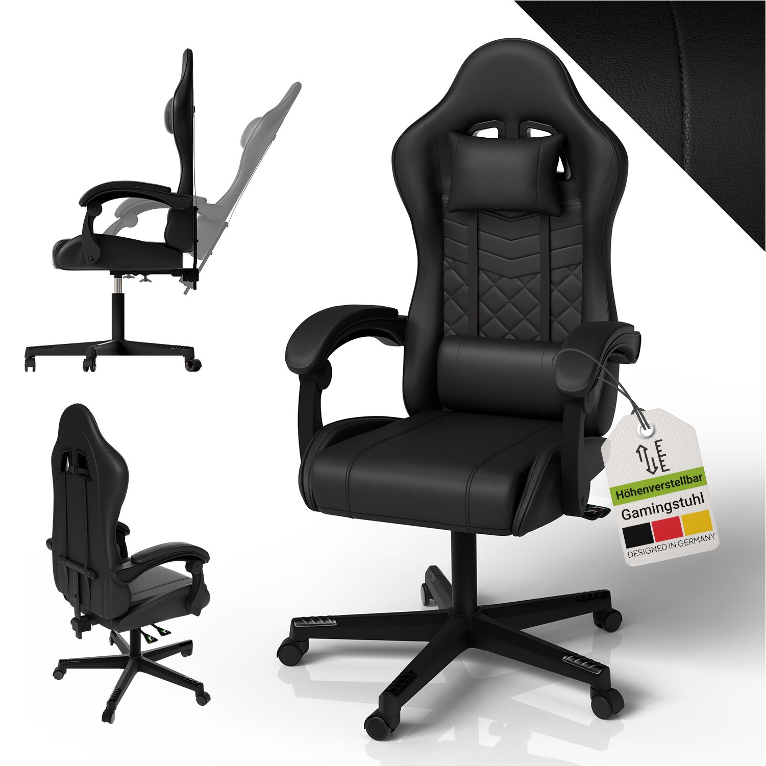 Juskys Gamingstuhl HyperSeat, B&uuml;rostuhl aus Kunstleder, verstellbare R&uuml;ckenlehne &ndash; Schwarz 