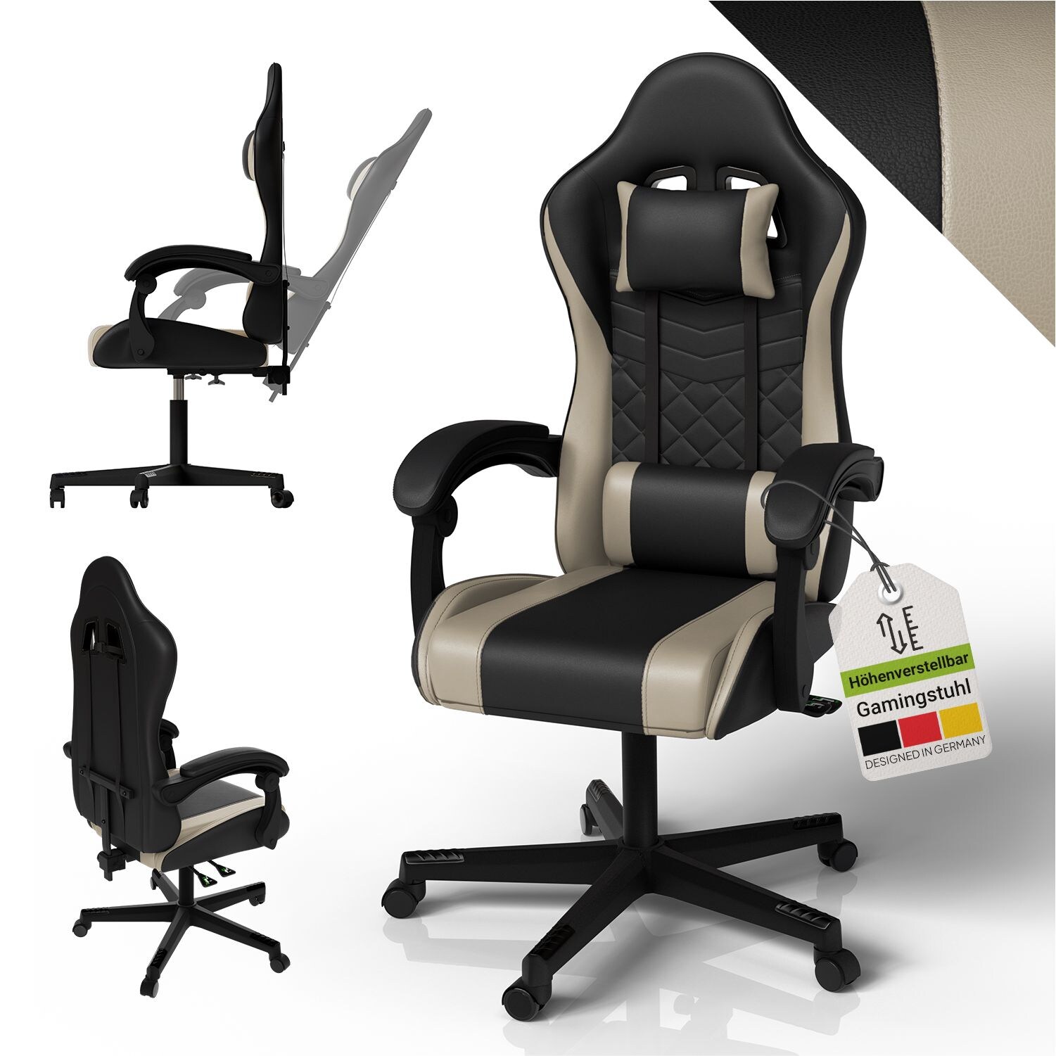 Juskys Gamingstuhl HyperSeat, B&uuml;rostuhl aus Kunstleder, verstellbare R&uuml;ckenlehne &ndash; Schwarz/beige 
