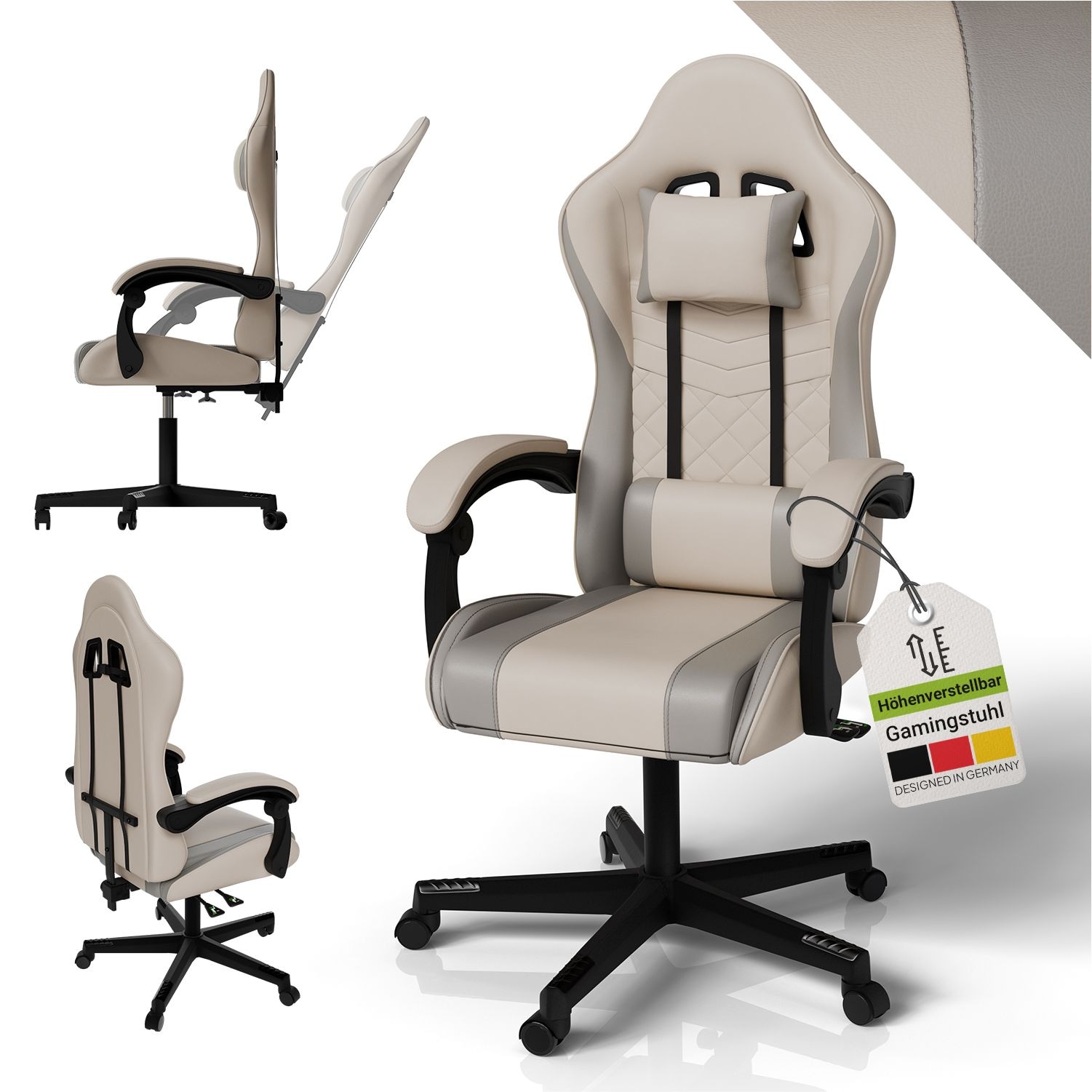 Juskys Gamingstuhl HyperSeat, B&uuml;rostuhl aus Kunstleder, verstellbare R&uuml;ckenlehne &ndash; Beige/hellgrau 