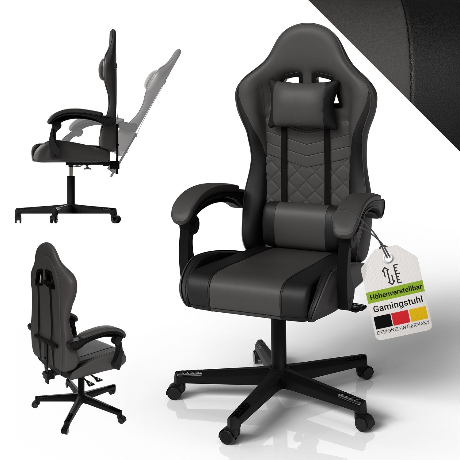 Juskys Gamingstuhl HyperSeat, B&uuml;rostuhl aus Kunstleder, verstellbare R&uuml;ckenlehne &ndash; Grau/schwarz 