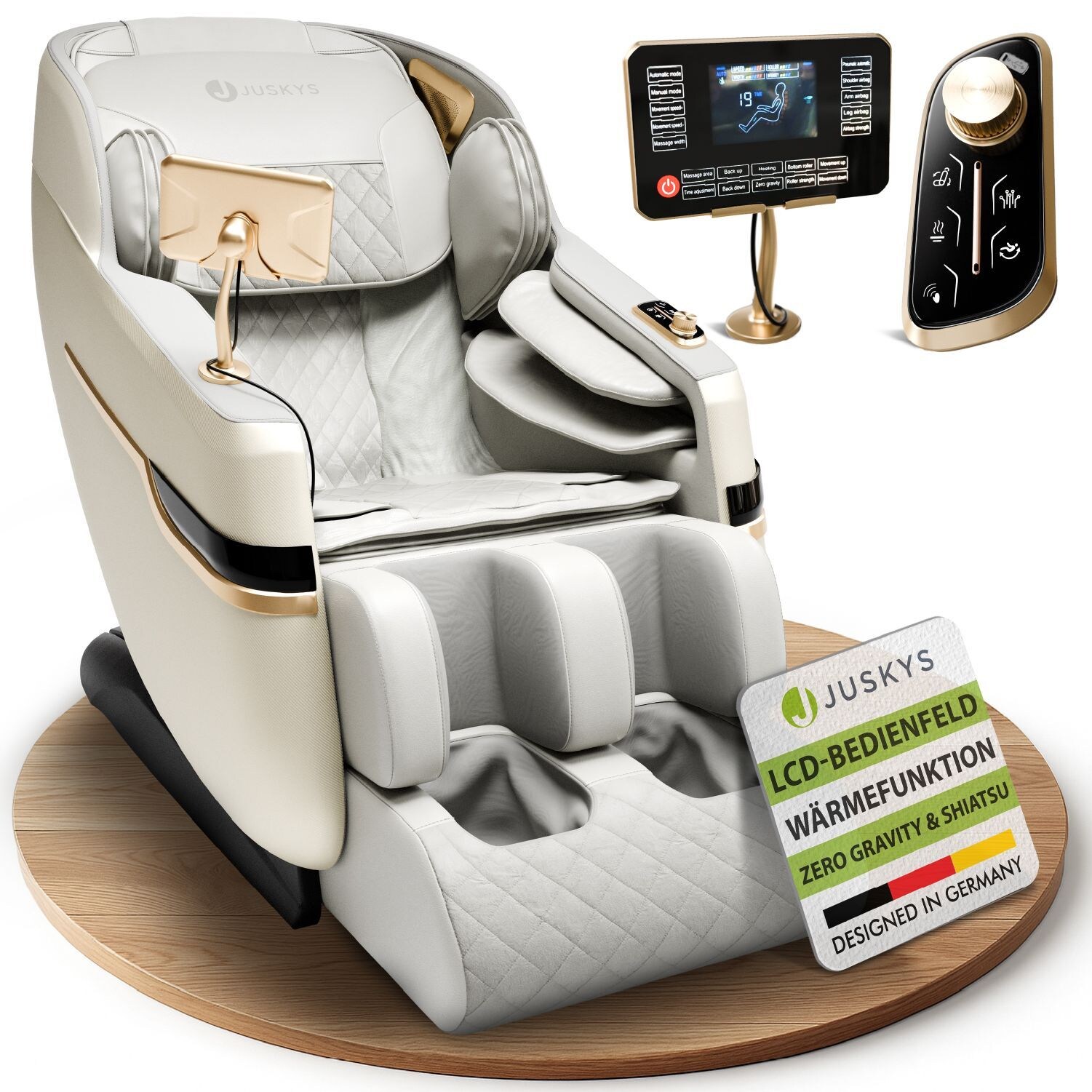 Massagesessel Naxos mit LCD-Bedienung, Bluetooth, USB & Heizung – Weiß/Hellgrau