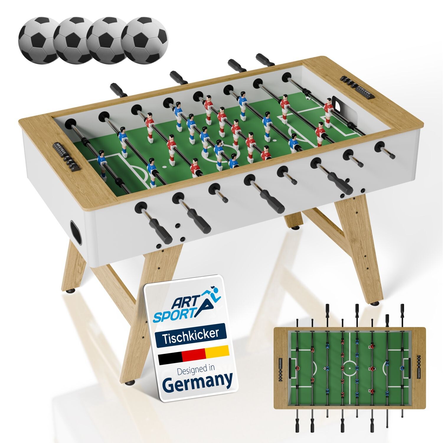 Artsport Tischkicker ProKick - MDF-Kickertisch mit Torzähler & Anti-Rutsch-Griffen – Weiß/ Natur