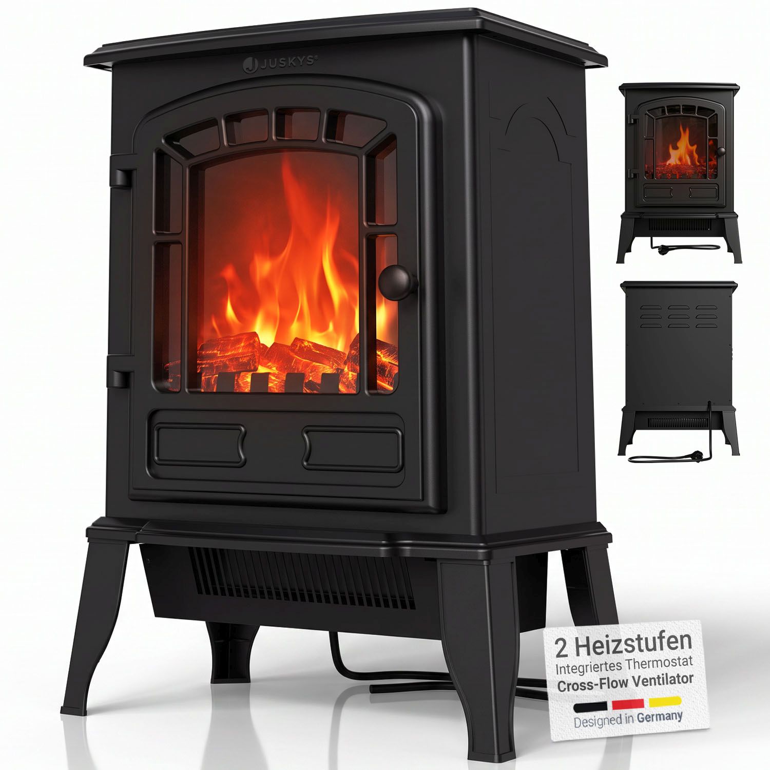 JUSKYS&reg; Elektrokamin 2000 W &ndash; Schwarz, mit Flammeneffekt & 2 Heizstufen f&uuml;r Zuhause, inkl. Thermostat 