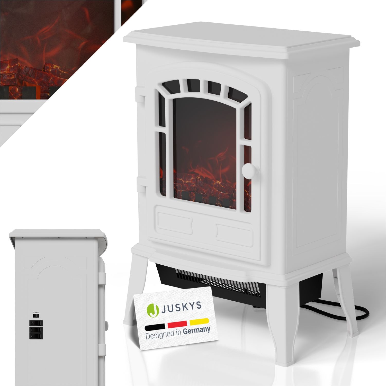 Juskys Elektrokamin 2000 W &ndash; Wei&szlig;, mit Flammeneffekt & 2 Heizstufen f&uuml;r Zuhause, inkl. Thermostat 