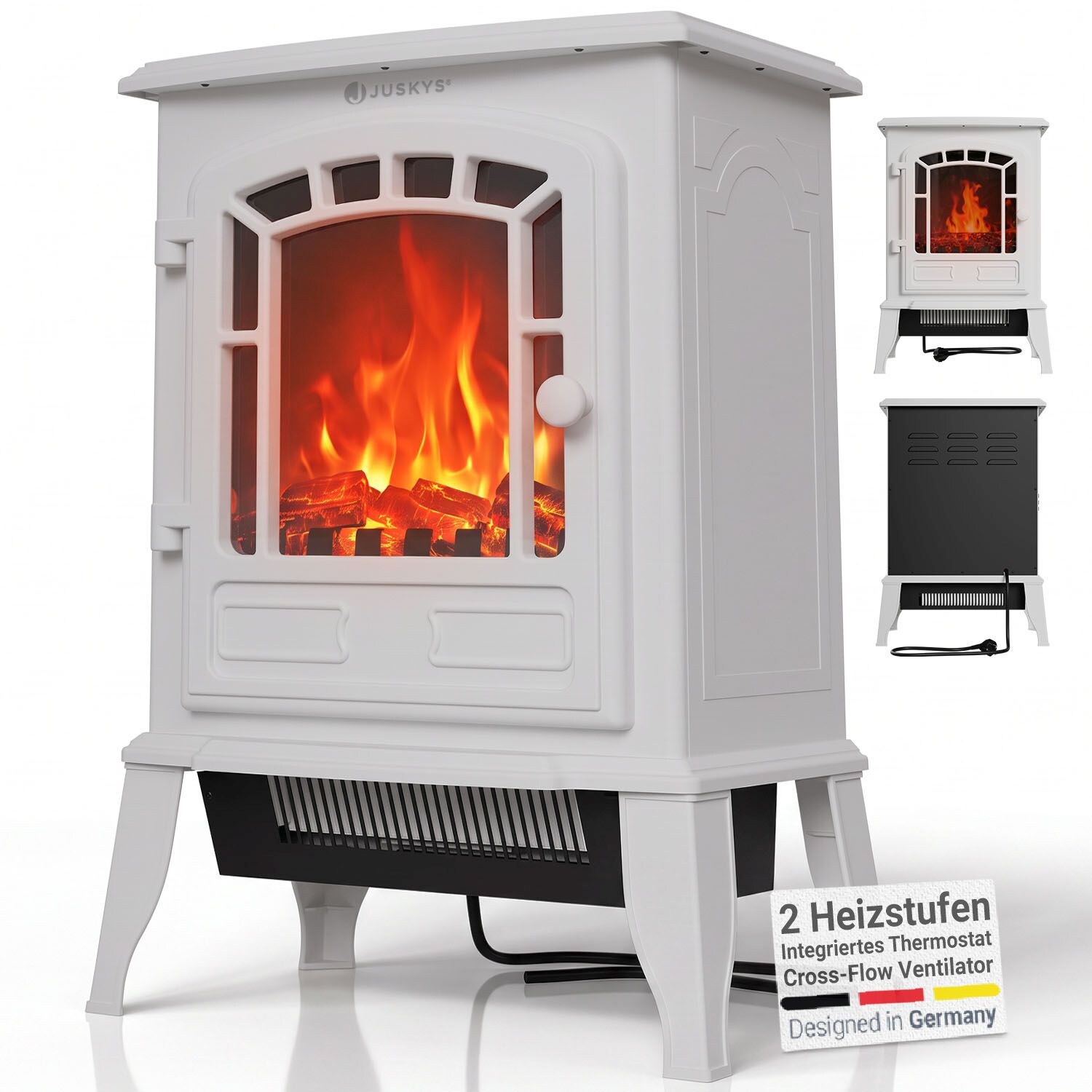 Juskys Elektrokamin 2000 W – Weiß, mit Flammeneffekt & 2 Heizstufen für Zuhause, inkl. Thermostat