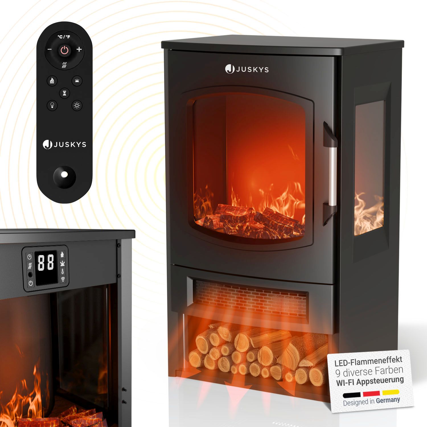 Juskys Elektrokamin 1800W &ndash; Schwarz, LED-Flammeneffekt, 2 Heizstufen & WLAN/App 