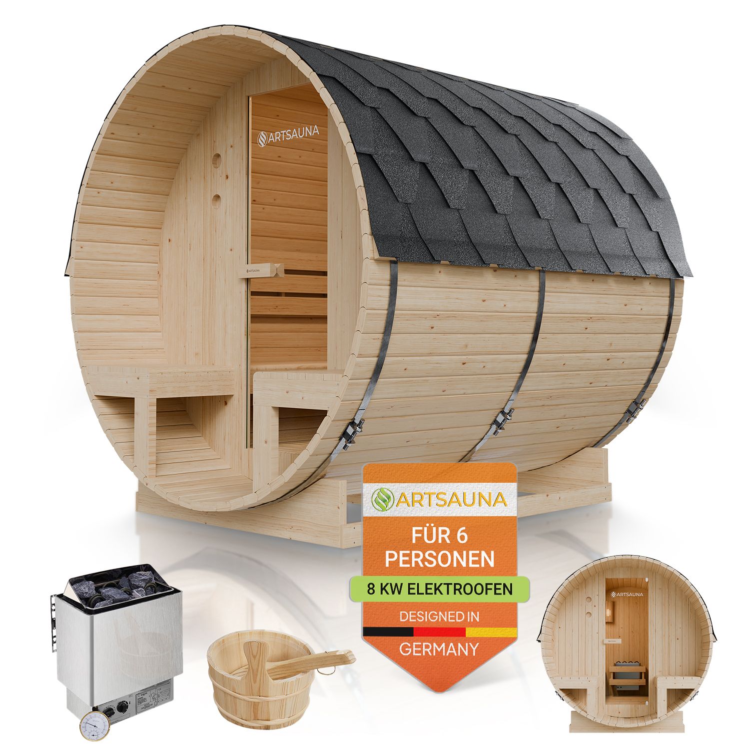 Artsauna Fasssauna Spitzbergen 220 mit zwei B&auml;nken - 6 Personen, 8 kW Ofen, Zubeh&ouml;r - Fichtenholz Sauna 