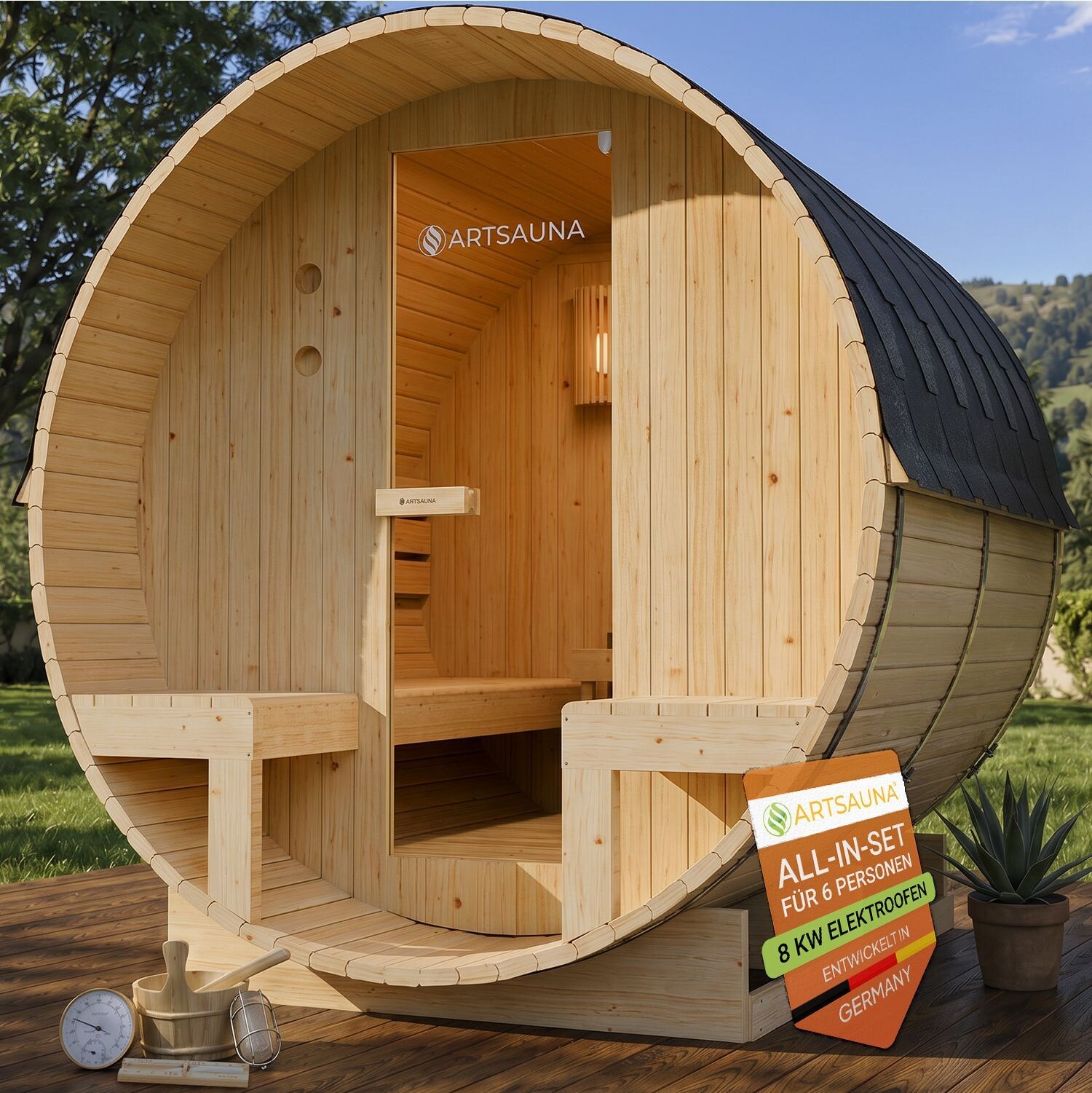 Fasssauna Spitzbergen 220 mit zwei Bänken - 6 Personen, 8 kW Ofen, Zubehör - Fichtenholz Sauna
