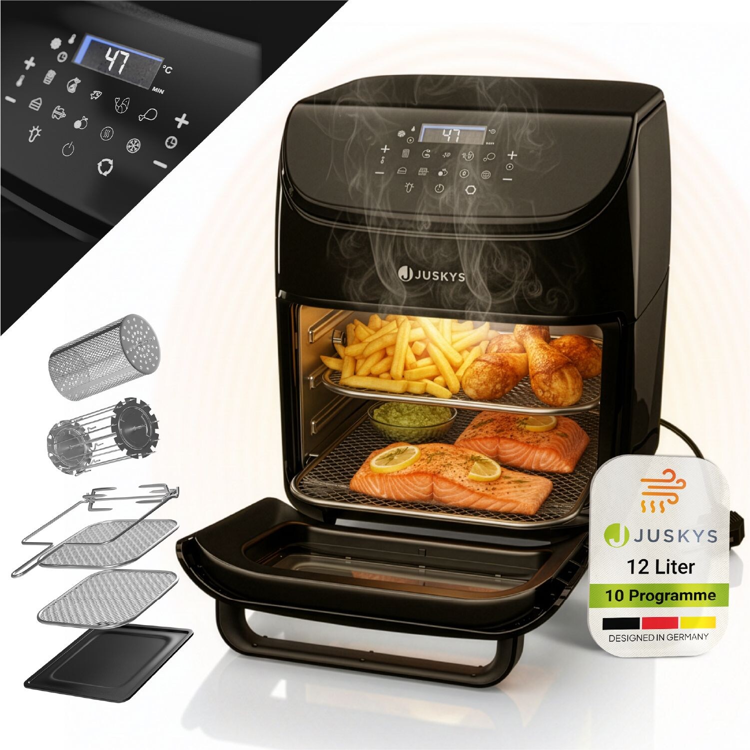 Heißluftfritteuse – Schwarz, Airfryer mit 10 Programmen, Display & Zubehör