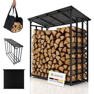 Juskys Kaminholzregal mit Dach & UV-beständiger Plane, inklusive Tragetasche und Handschuhen 