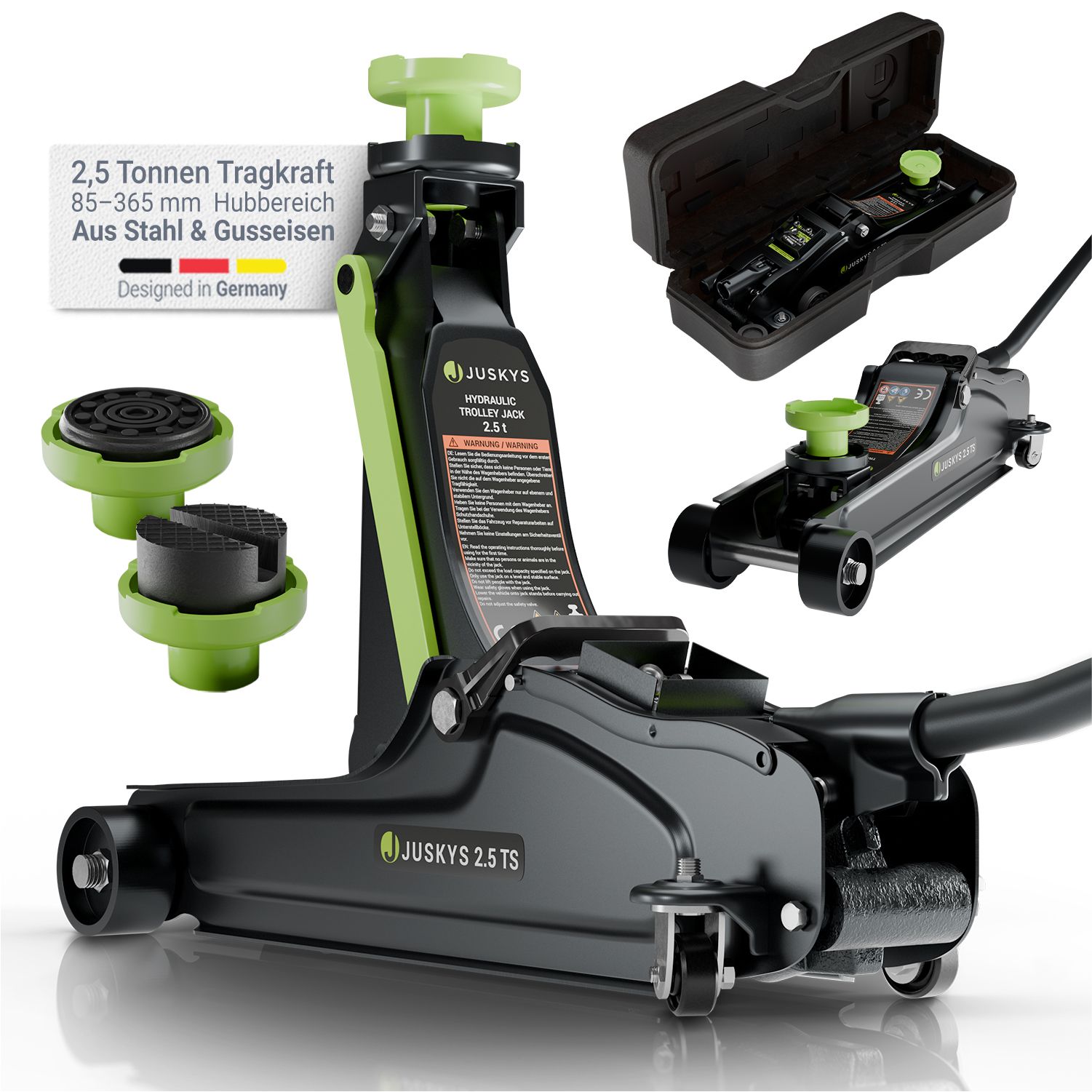 Juskys Wagenheber 2,5 t &ndash; Schwarz/Gr&uuml;n, hydraulisch, stabil mit Transportbox, Rangierwagenheber 