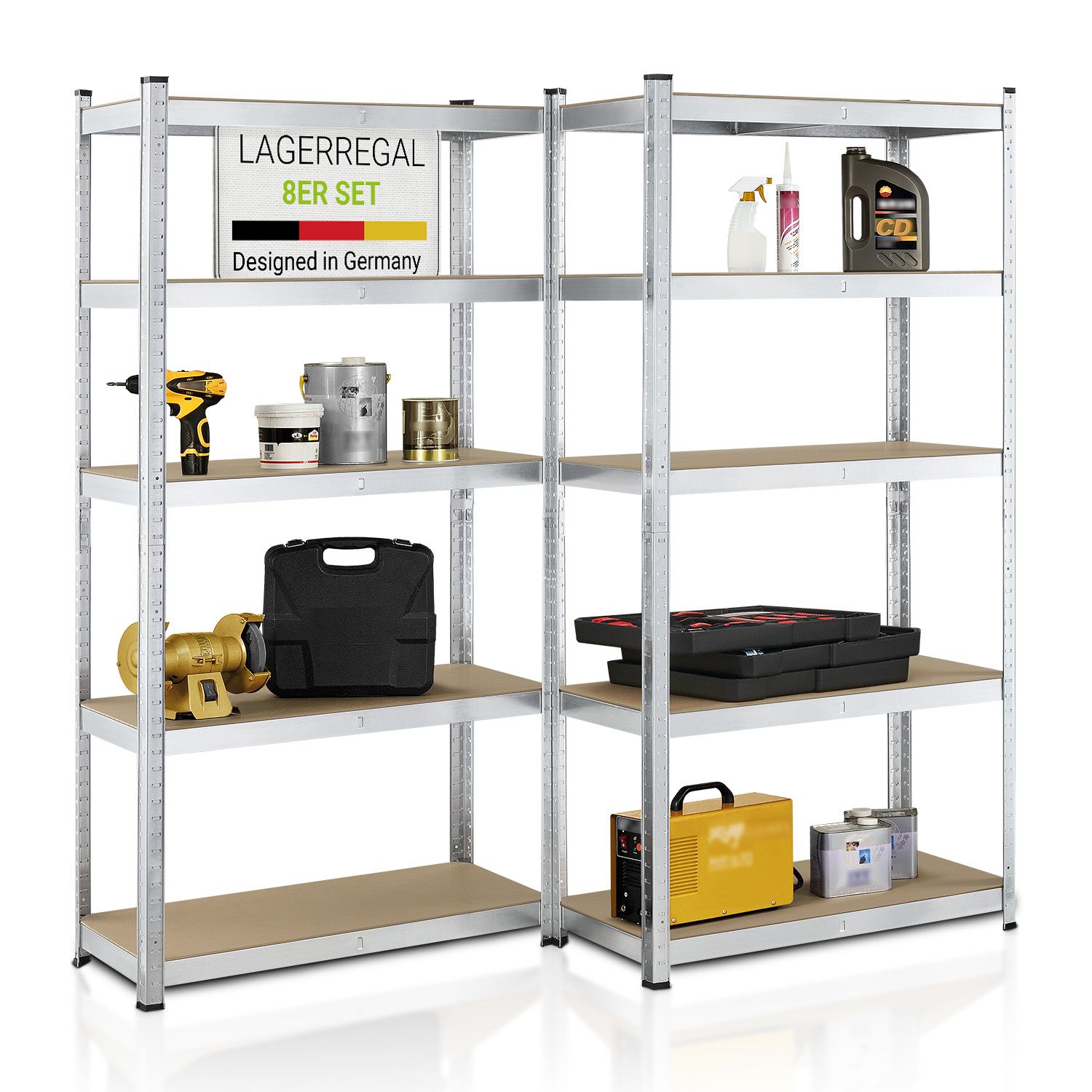 Juskys Lagerregal Basic 8er Set 180x90x40 cm &ndash; Metall Schwerlastregal, 40 B&ouml;den, 7000 kg 