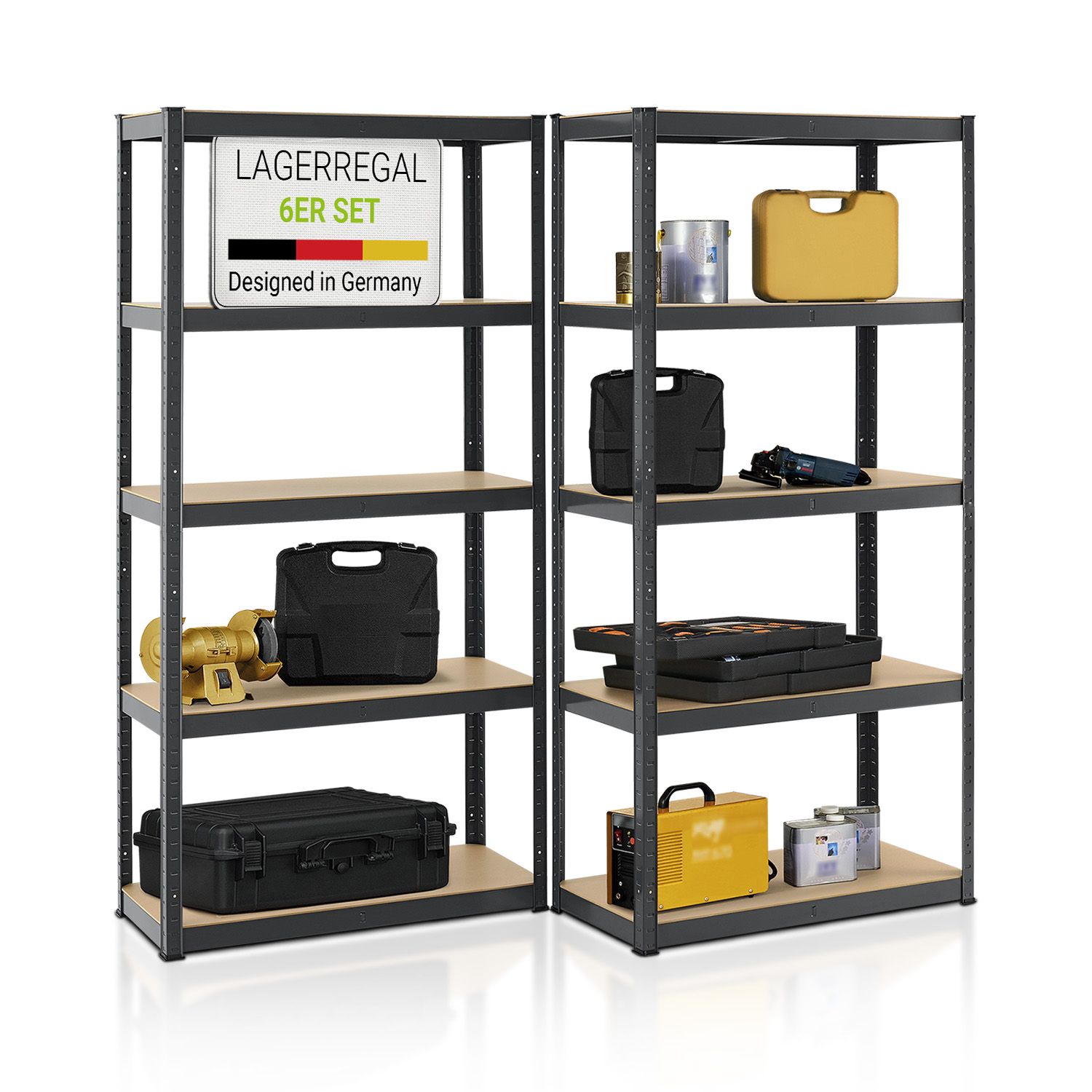 Juskys Lagerregal Basic 6er Set 180x90x40 cm &ndash; Metall Schwerlastregal, 30 B&ouml;den, 5250 kg, grau 