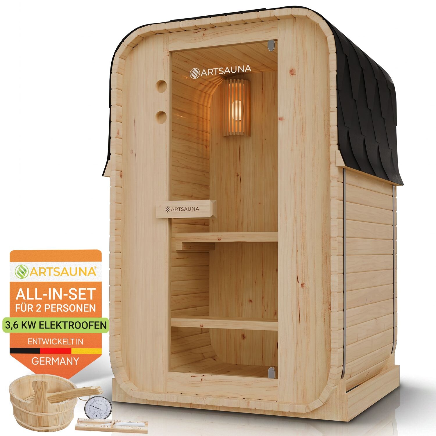 Artsauna Fasssauna Nolvik S für 1 bis 2 Personen, mit 3,6 kW Ofen & Zubehör für Garten, Cube Design