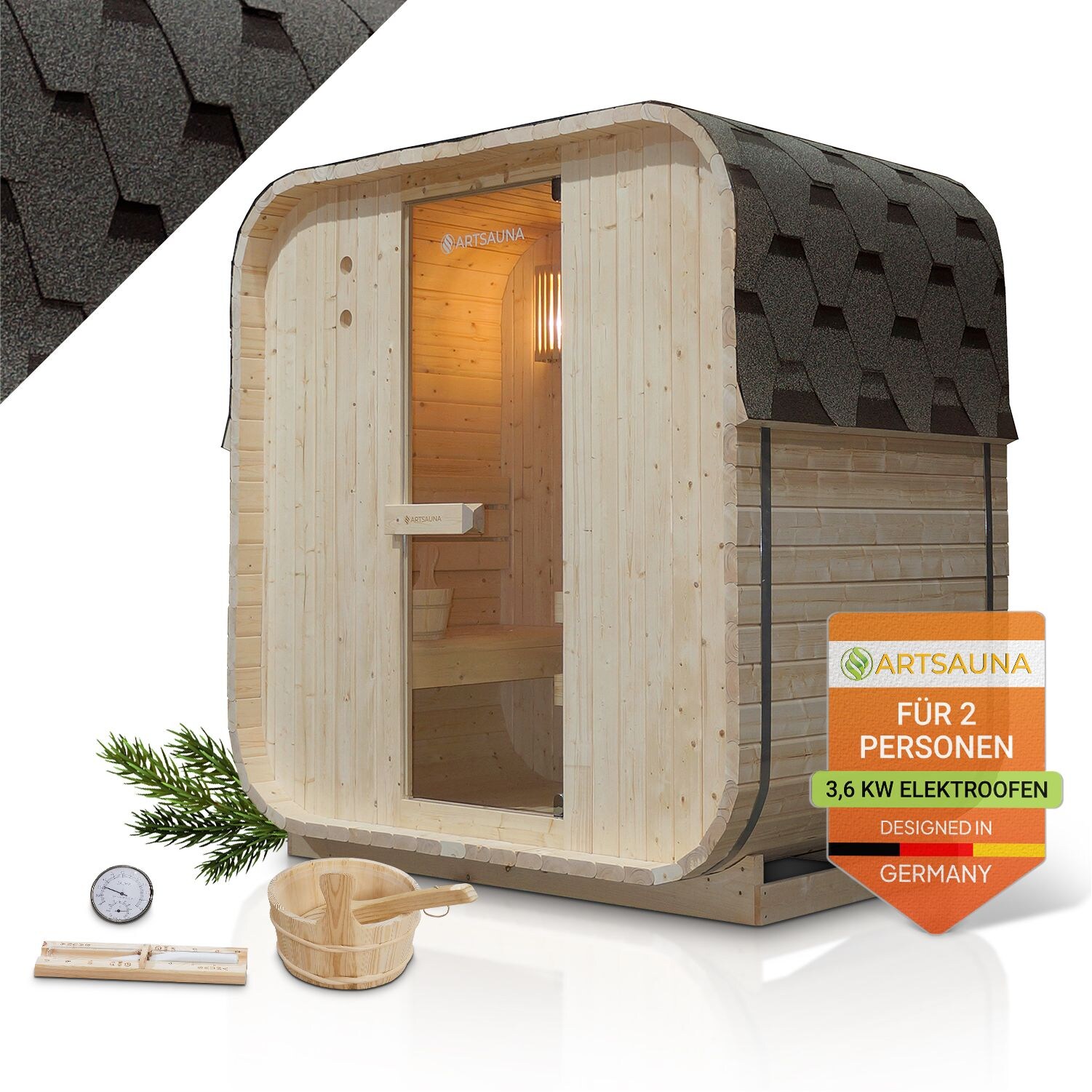 Artsauna Fasssauna Nolvik M - 2 Personen, mit 3,6 kW Ofen & Zubeh&ouml;r f&uuml;r Garten, Cube Design 