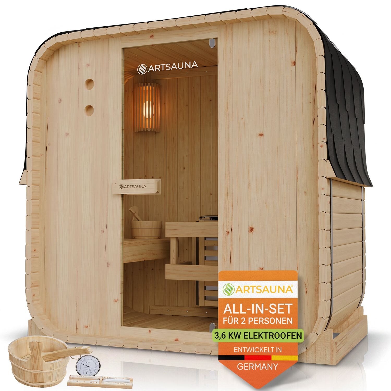 Artsauna Fasssauna Nolvik M - 2 Personen, mit 3,6 kW Ofen & Zubehör für Garten, Cube Design