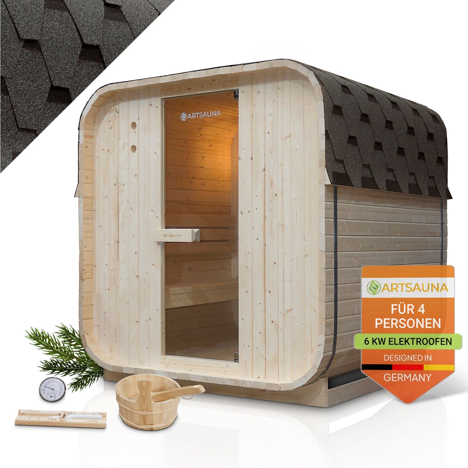 Artsauna Fasssauna Nolvik L - 4 Personen, mit 6 kW Ofen & Zubeh&ouml;r f&uuml;r Garten, Cube Design 