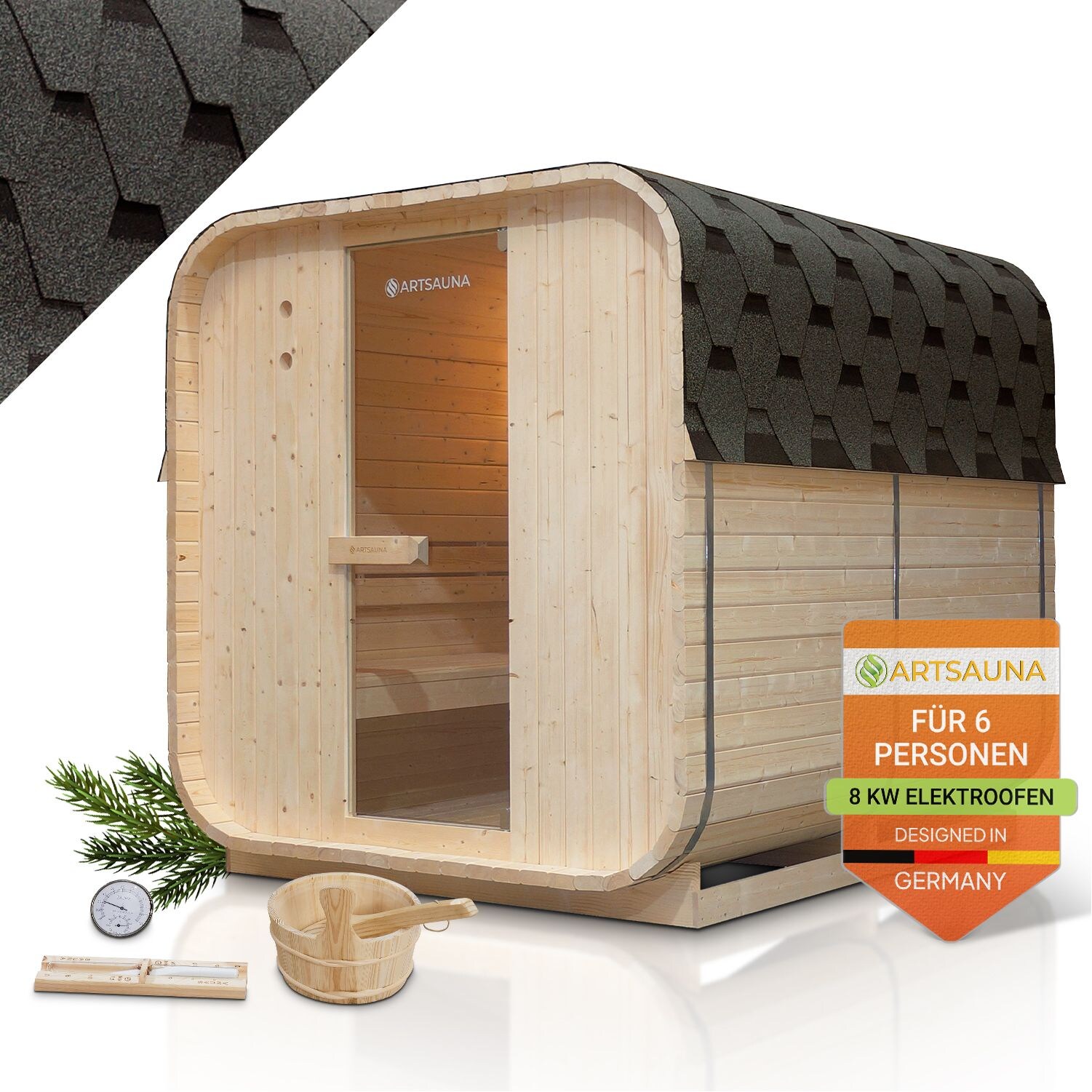 Fasssauna Nolvik XL - 6 Personen, mit 8 kW Ofen & Zubehör für Garten, Cube Design