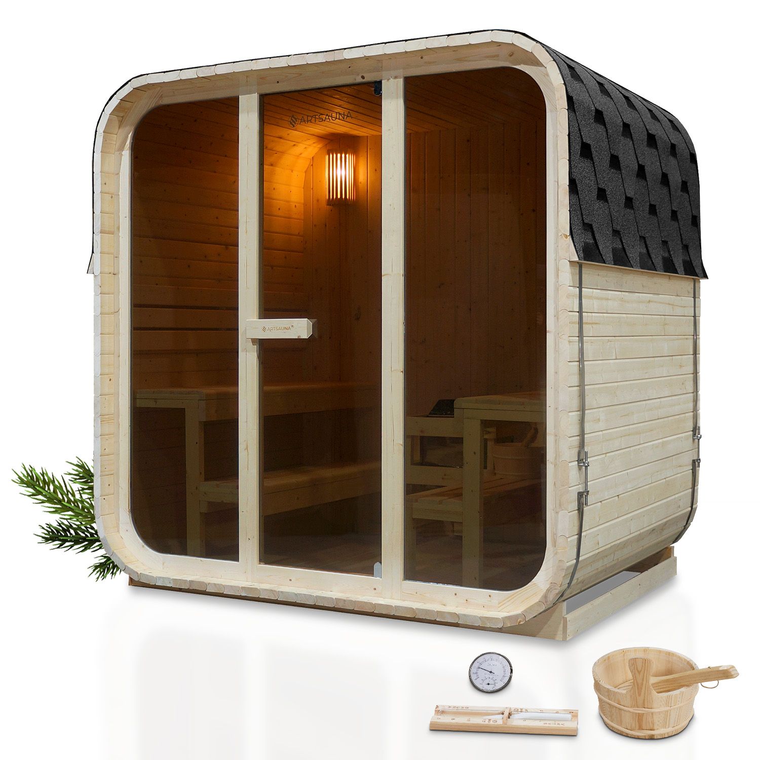 Artsauna Fasssauna Cube Big Fjora f&uuml;r 6 Personen, mit 9kW Ofen, Glasfront & Zubeh&ouml;r 