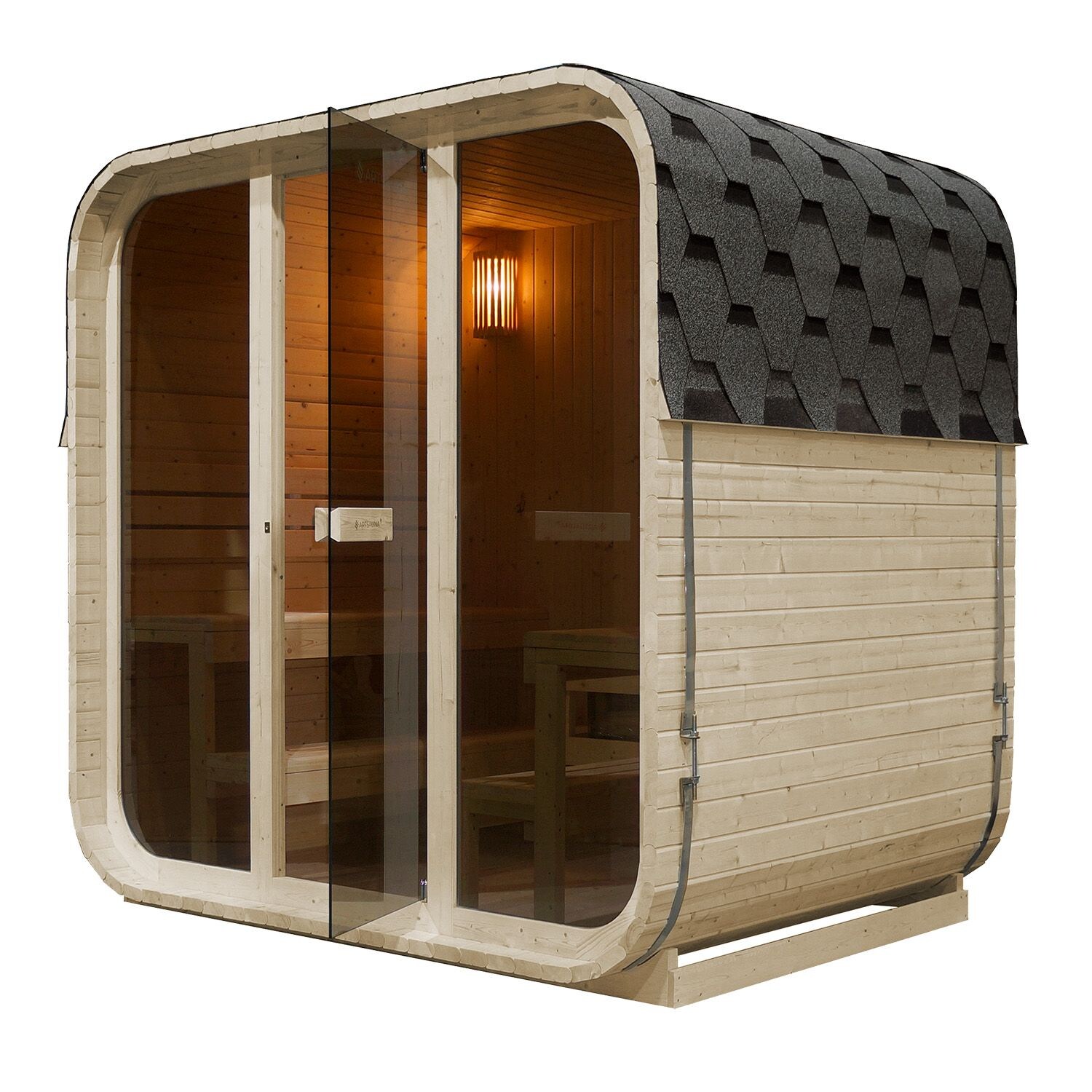 Fasssauna Cube Big Fjora für 6 Personen, mit 9kW Ofen, Glasfront & Zubehör