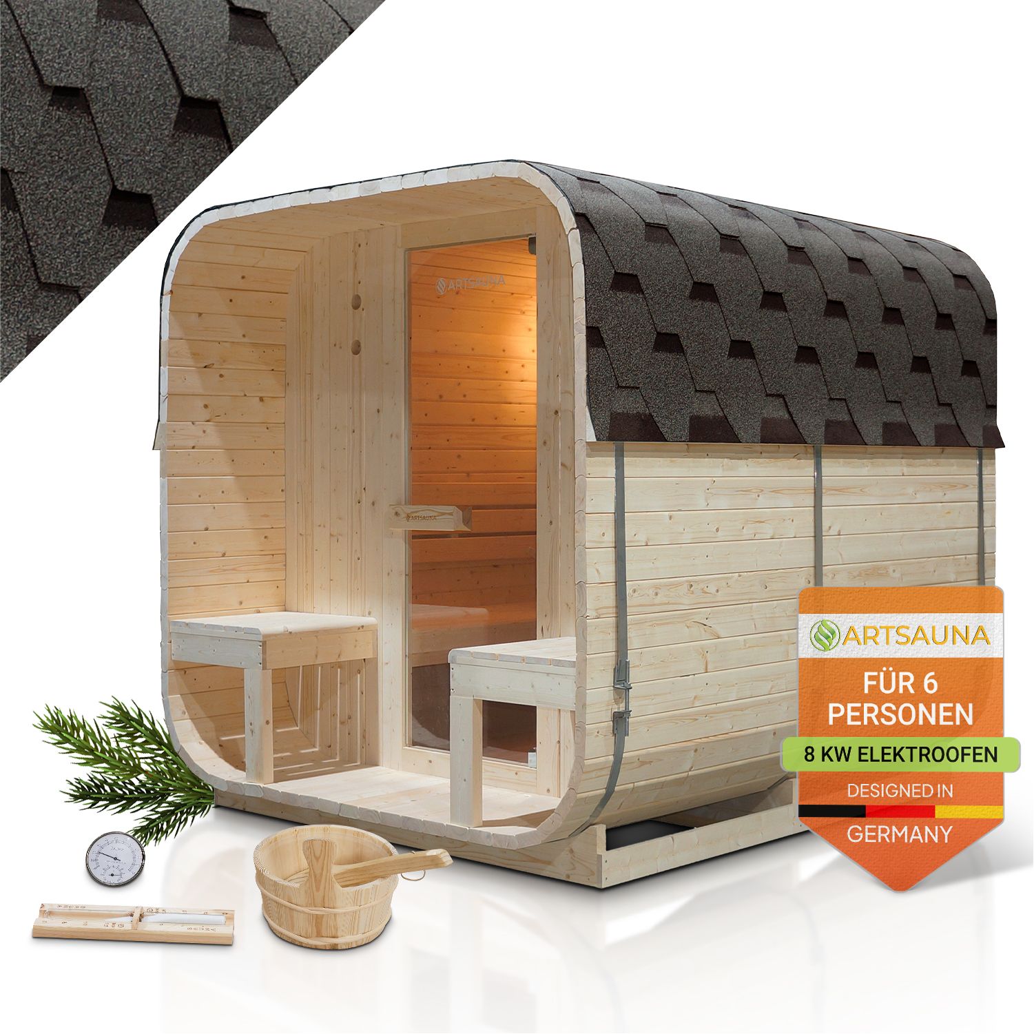 Artsauna Fasssauna Nolvik XXL - 6 Personen, mit 8 kW Ofen & Zubeh&ouml;r f&uuml;r Garten, Cube Design 