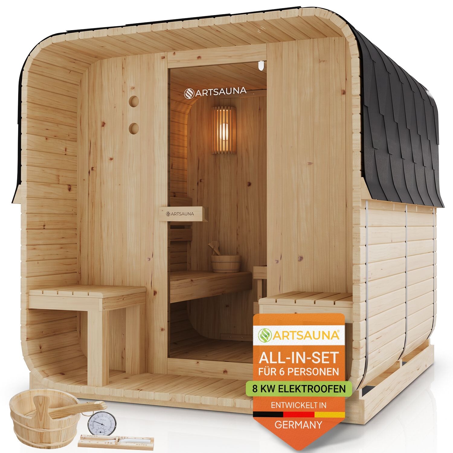 Artsauna Fasssauna Nolvik XXL - 6 Personen, mit 8 kW Ofen & Zubehör für Garten, Cube Design