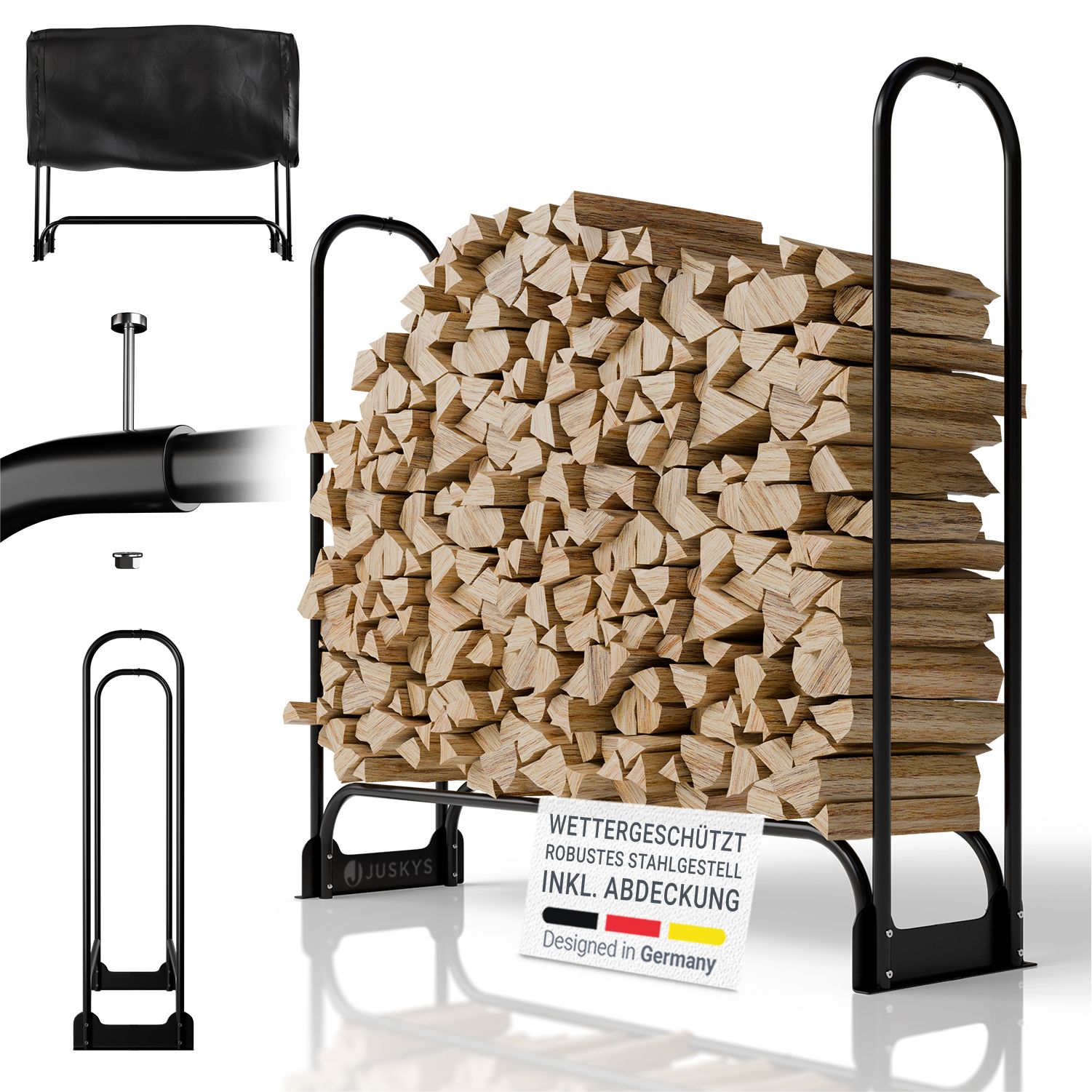 Juskys Kaminholzregal M 130x117x36 cm &ndash; Schwarz, au&szlig;en, Metall mit Abdeckung & 200 kg belastbar 