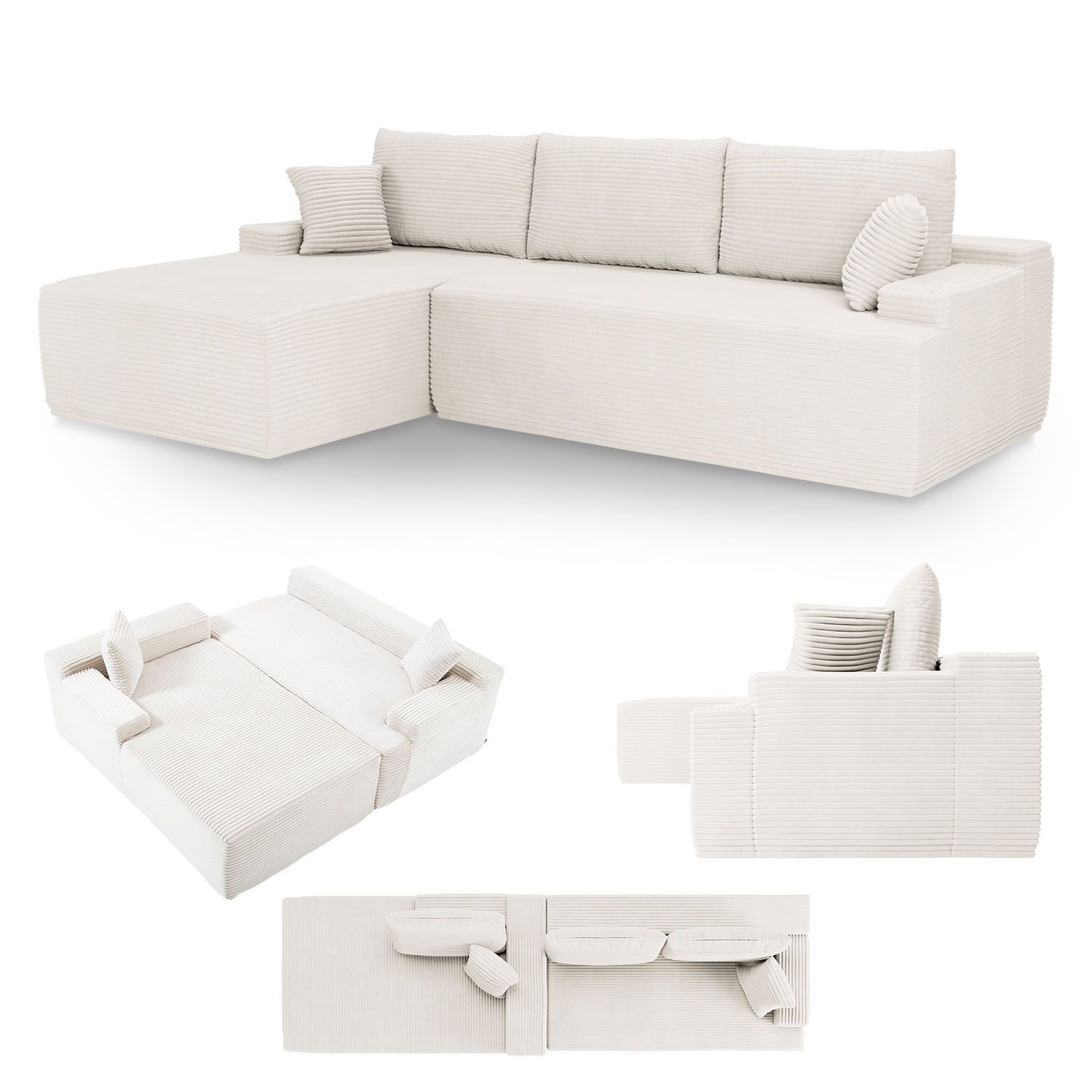 Juskys Sofa Coredo Links - Ecksofa 3 Sitzer, Couch in L Form mit Ottomane - Cord in Creme 