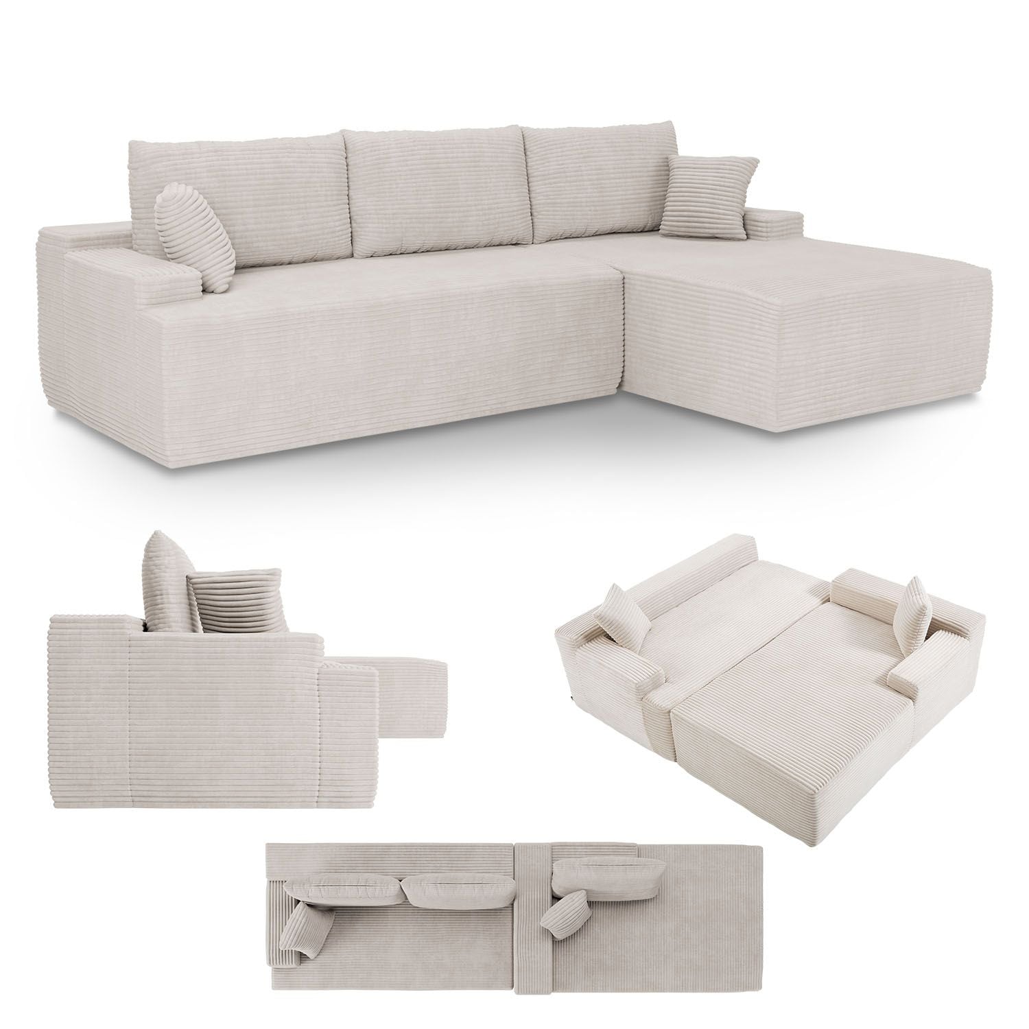 Juskys Sofa Coredo Rechts - Ecksofa 3 Sitzer, Couch in L Form mit Ottomane - Cord in Beige 