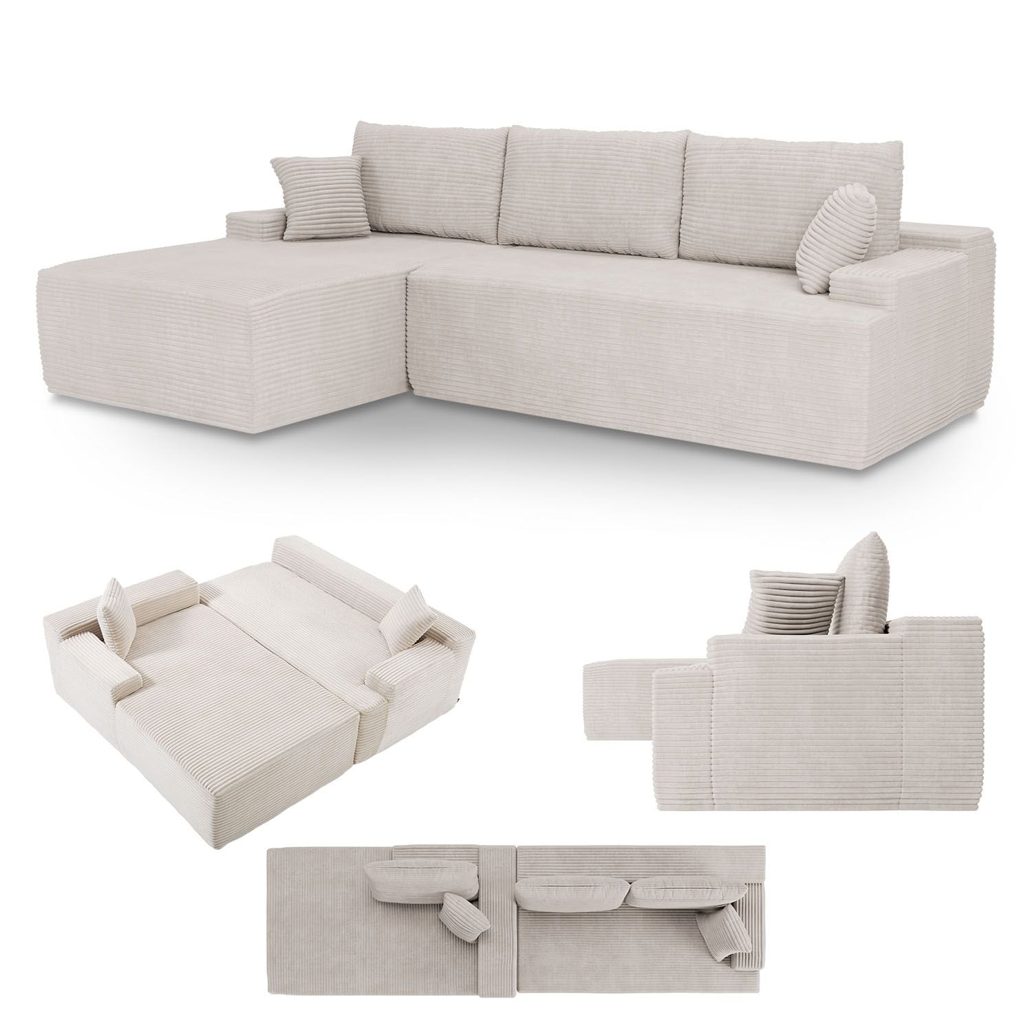 Juskys Sofa Coredo Links - Ecksofa 3 Sitzer, Couch in L Form mit Ottomane - Cord in Beige 
