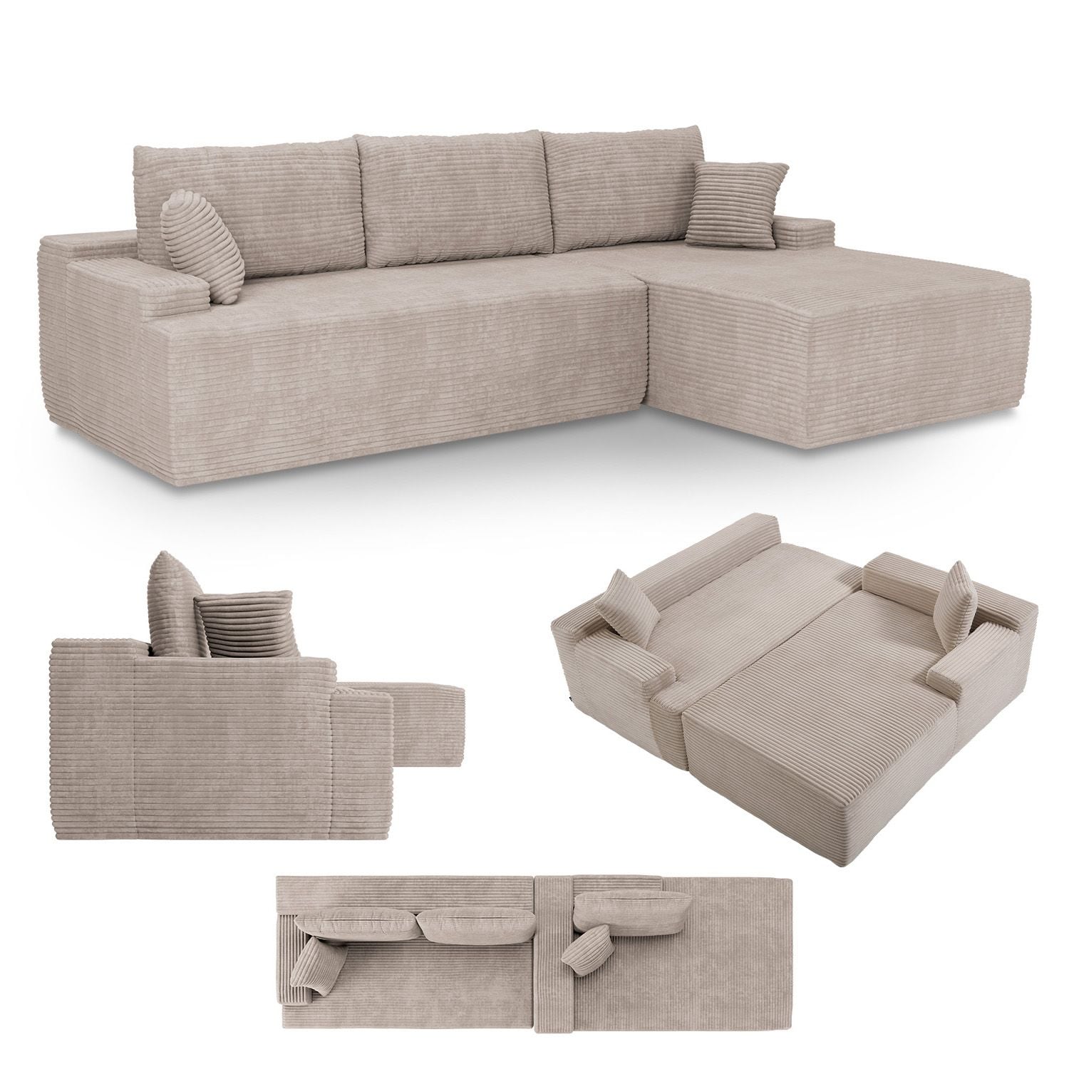 Juskys Sofa Coredo Rechts - Ecksofa 3 Sitzer, Couch in L Form mit Ottomane - Cord in Taupe 