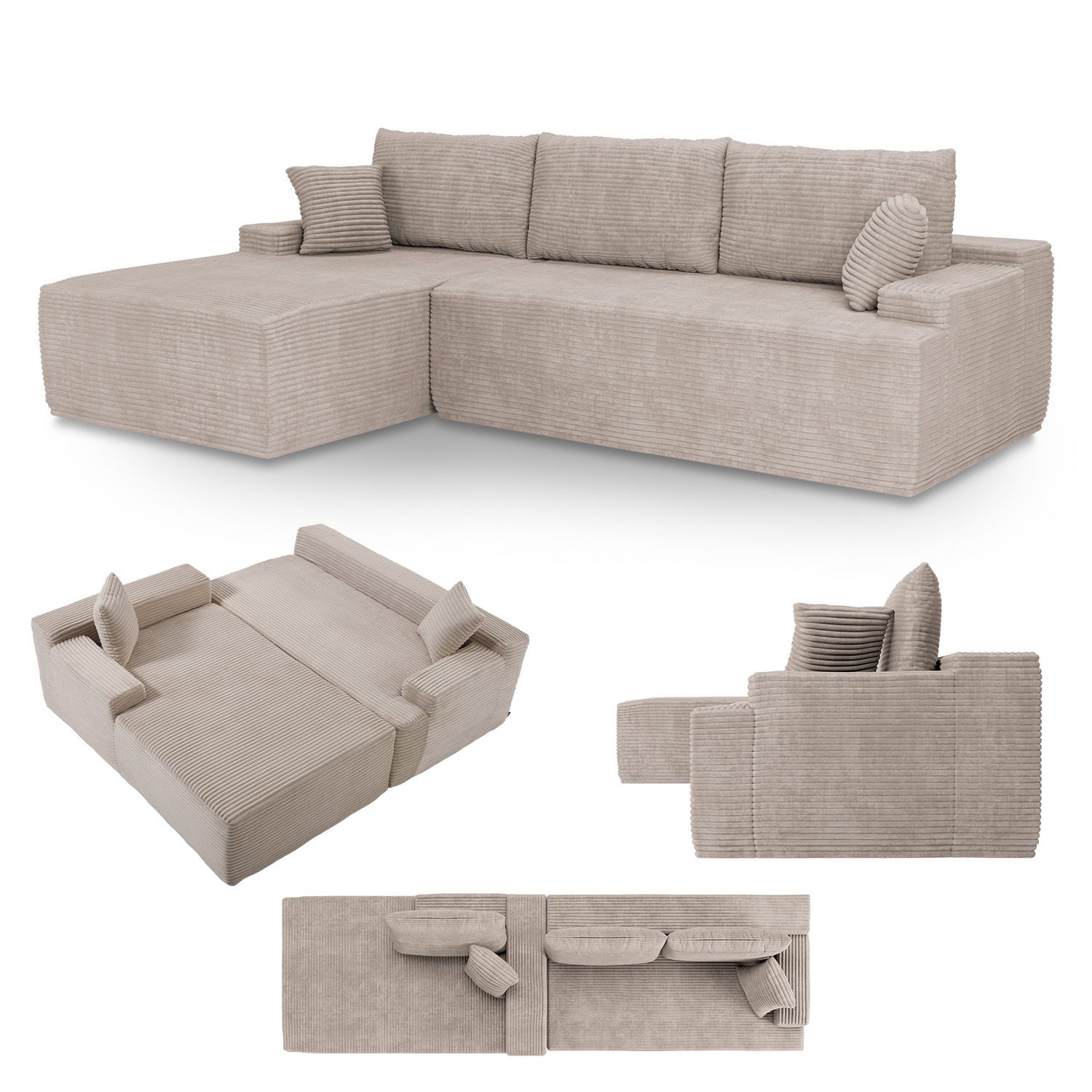 Juskys Sofa Coredo Links - Ecksofa 3 Sitzer, Couch in L Form mit Ottomane - Cord in Taupe 