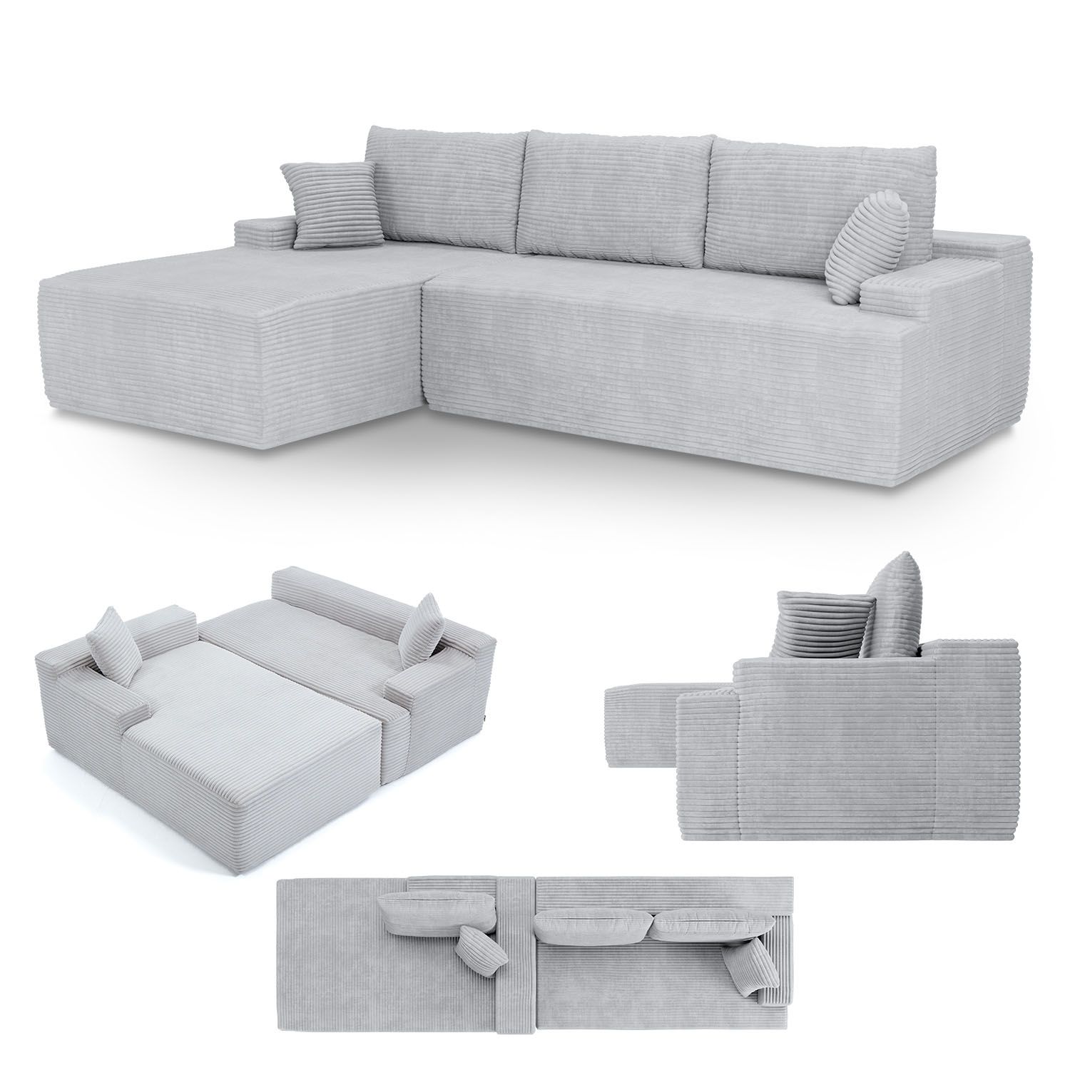Juskys Sofa Coredo Links - Ecksofa 3 Sitzer, Couch in L Form mit Ottomane - Cord in Hellgrau 