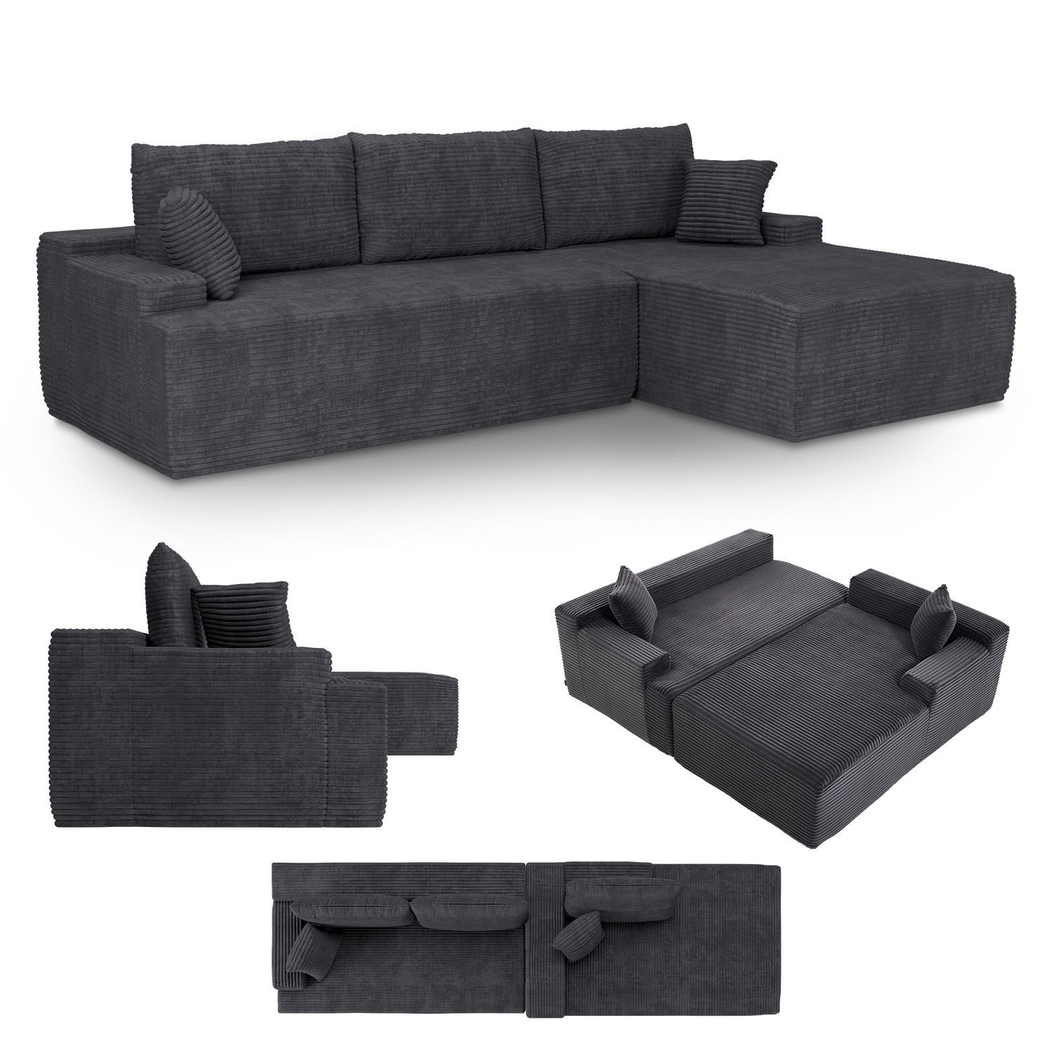 Juskys Sofa Coredo Rechts - Ecksofa 3 Sitzer, Couch in L Form mit Ottomane - Cord in Dunkelgrau 