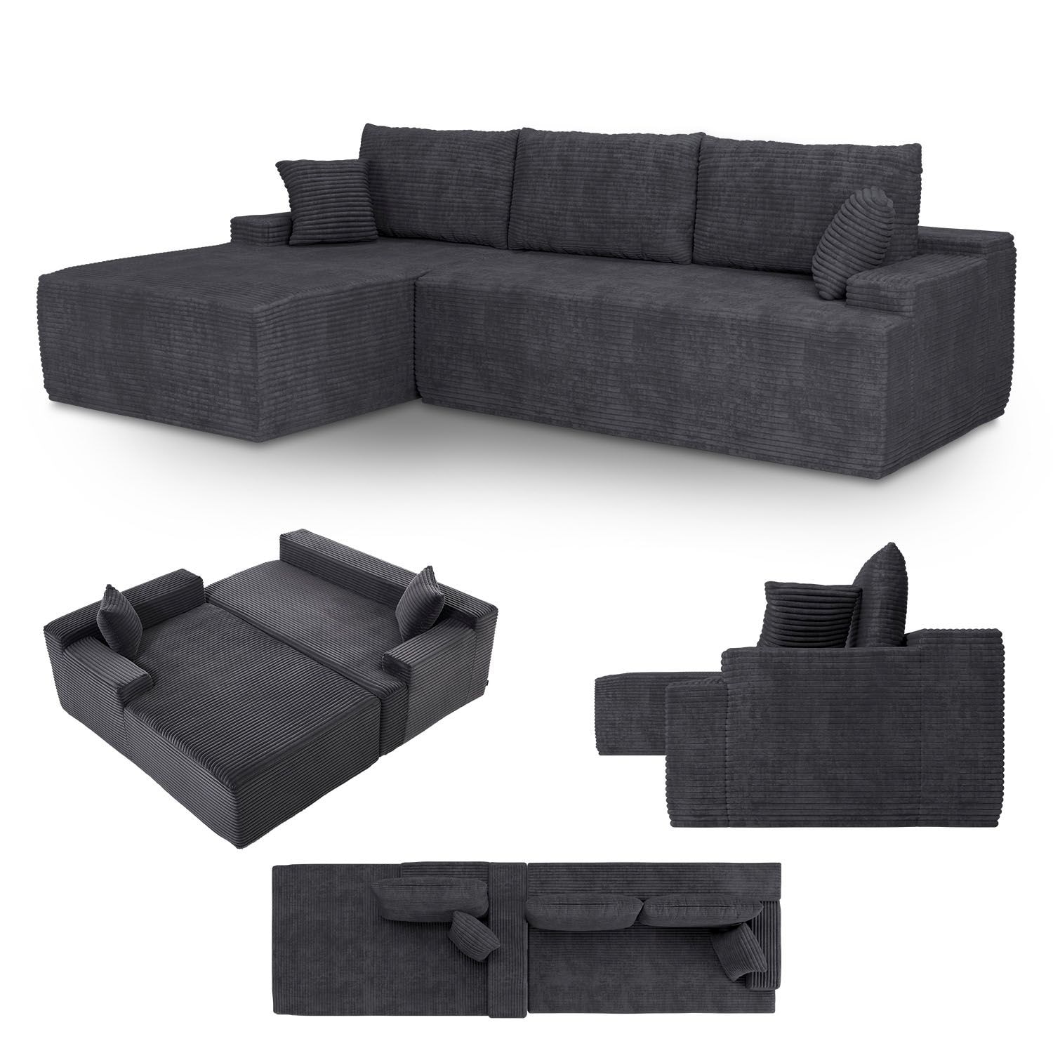 Juskys Sofa Coredo Links - Ecksofa 3 Sitzer, Couch in L Form mit Ottomane - Cord in Dunkelgrau 