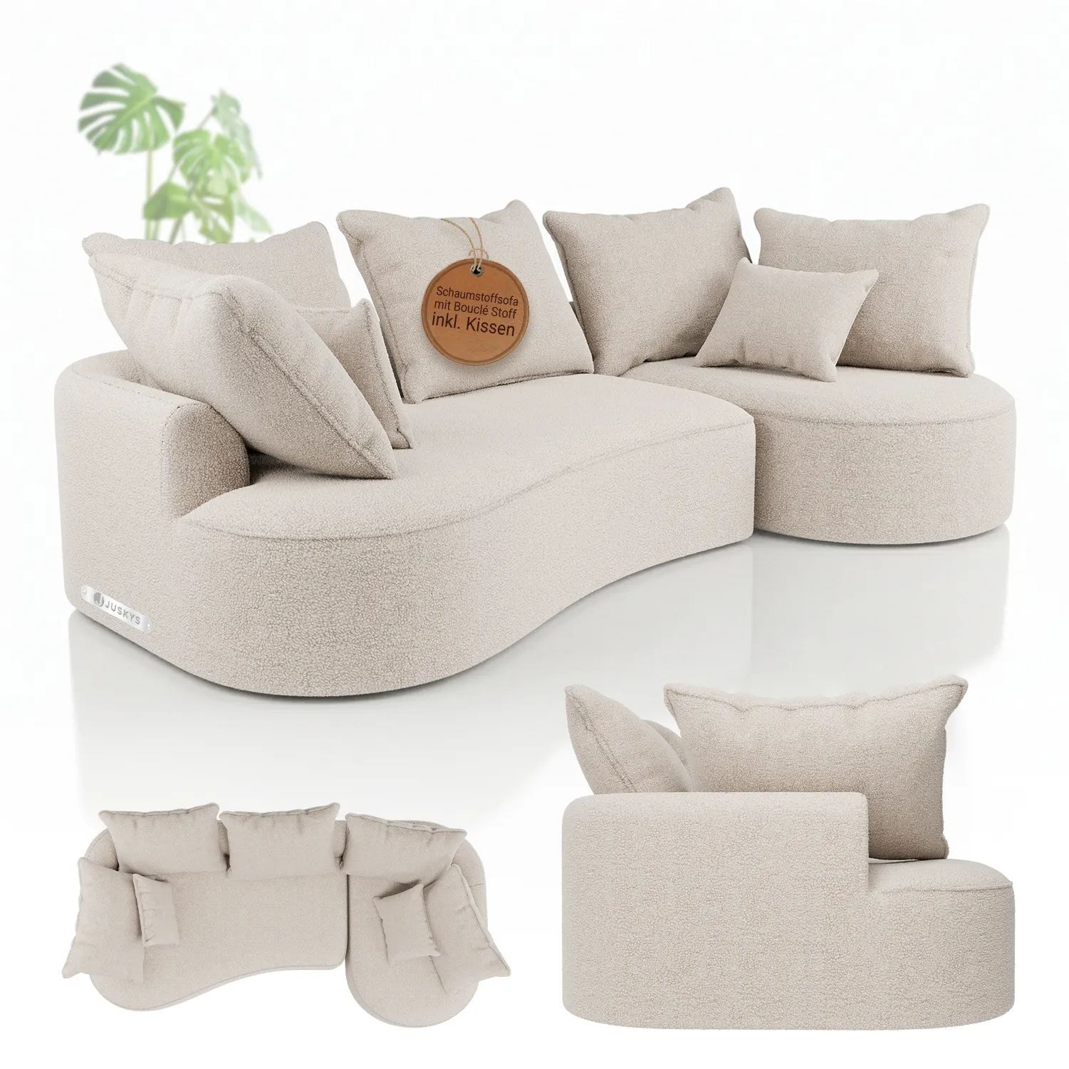 Juskys Sofa Tirano - Ecksofa L-Form, inkl. Kissen, 4-Sitzer Eckcouch, Boucl&eacute; Creme & Ottomane rechts 