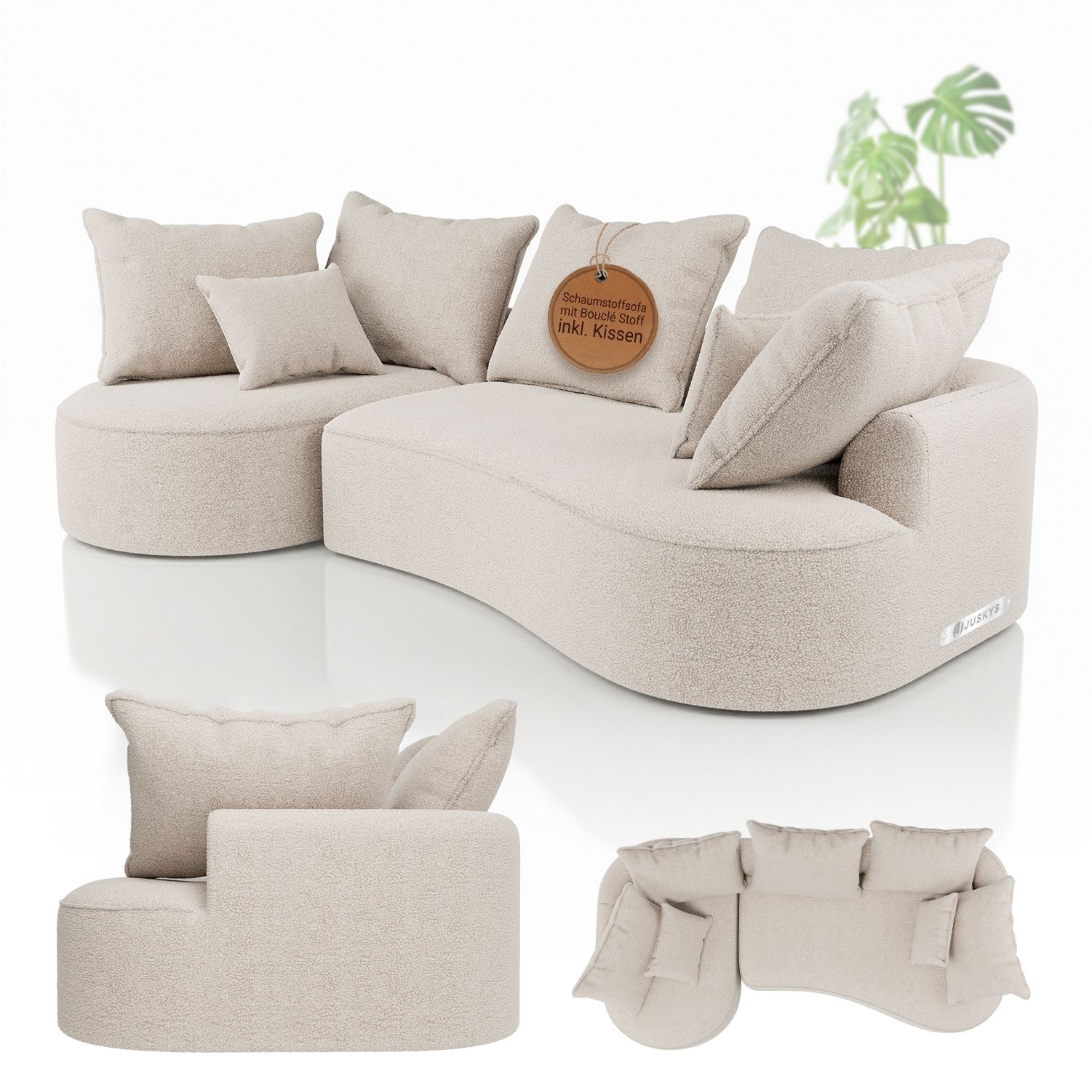 Juskys Sofa Tirano - Ecksofa L-Form, inkl. Kissen, 4-Sitzer Eckcouch, Boucl&eacute; Creme & Ottomane links 