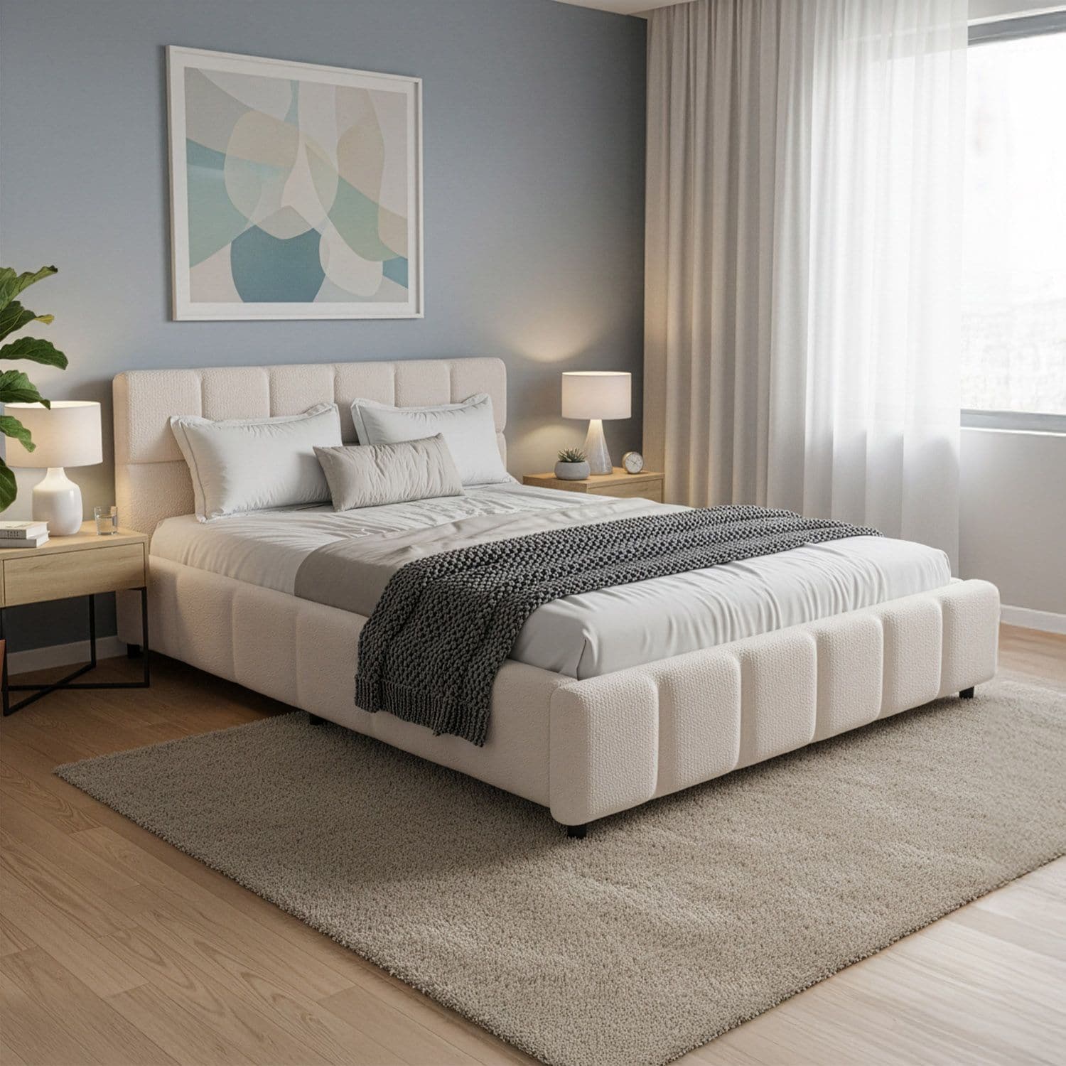 Juskys Polsterbett Florenz - Bubble Design, gepolstertes Kopfteil, Boucl&eacute;  - 140 x 200 cm - Creme 