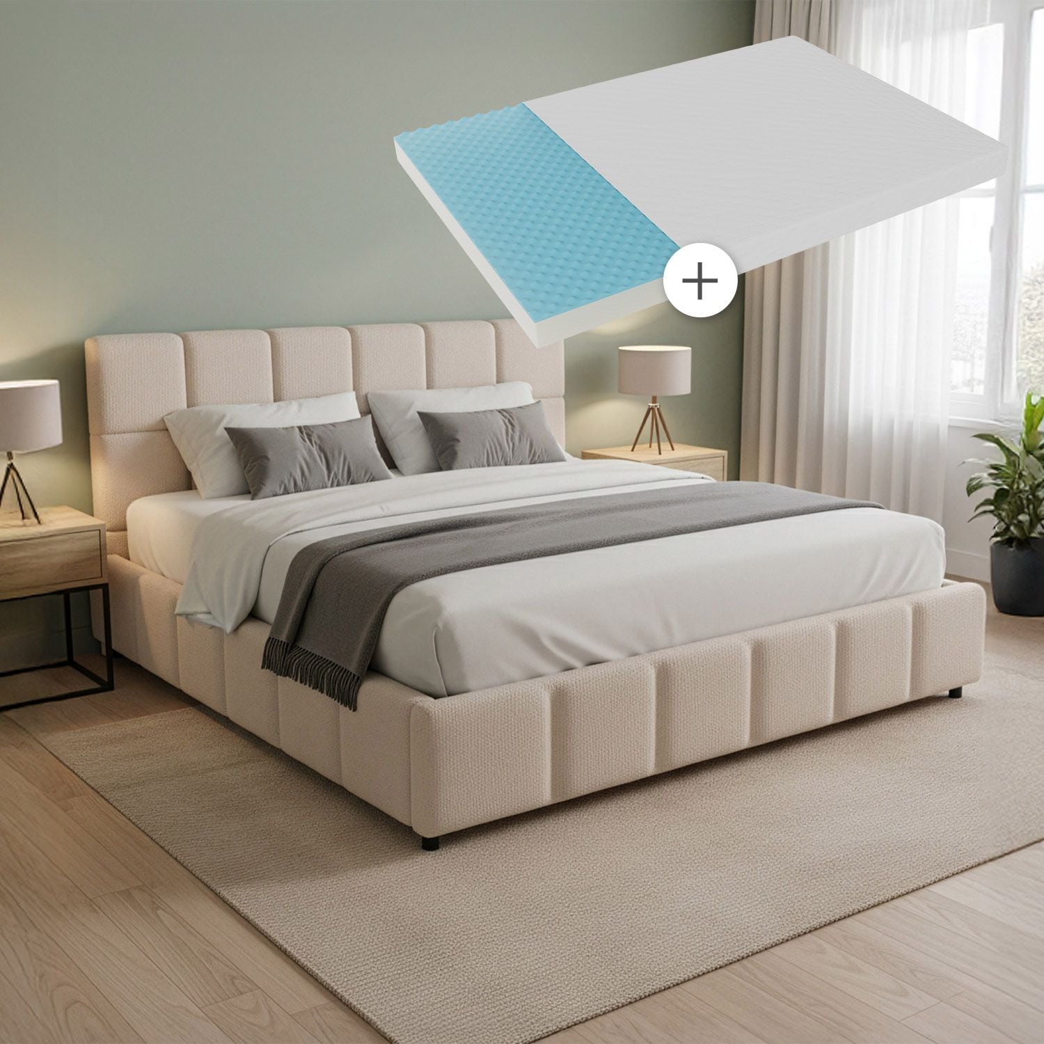 Juskys Polsterbett Florenz mit Matratze - Bubble Design, gepolstertes Kopfteil, Boucl&eacute; - 180 x 200 cm - Beige 