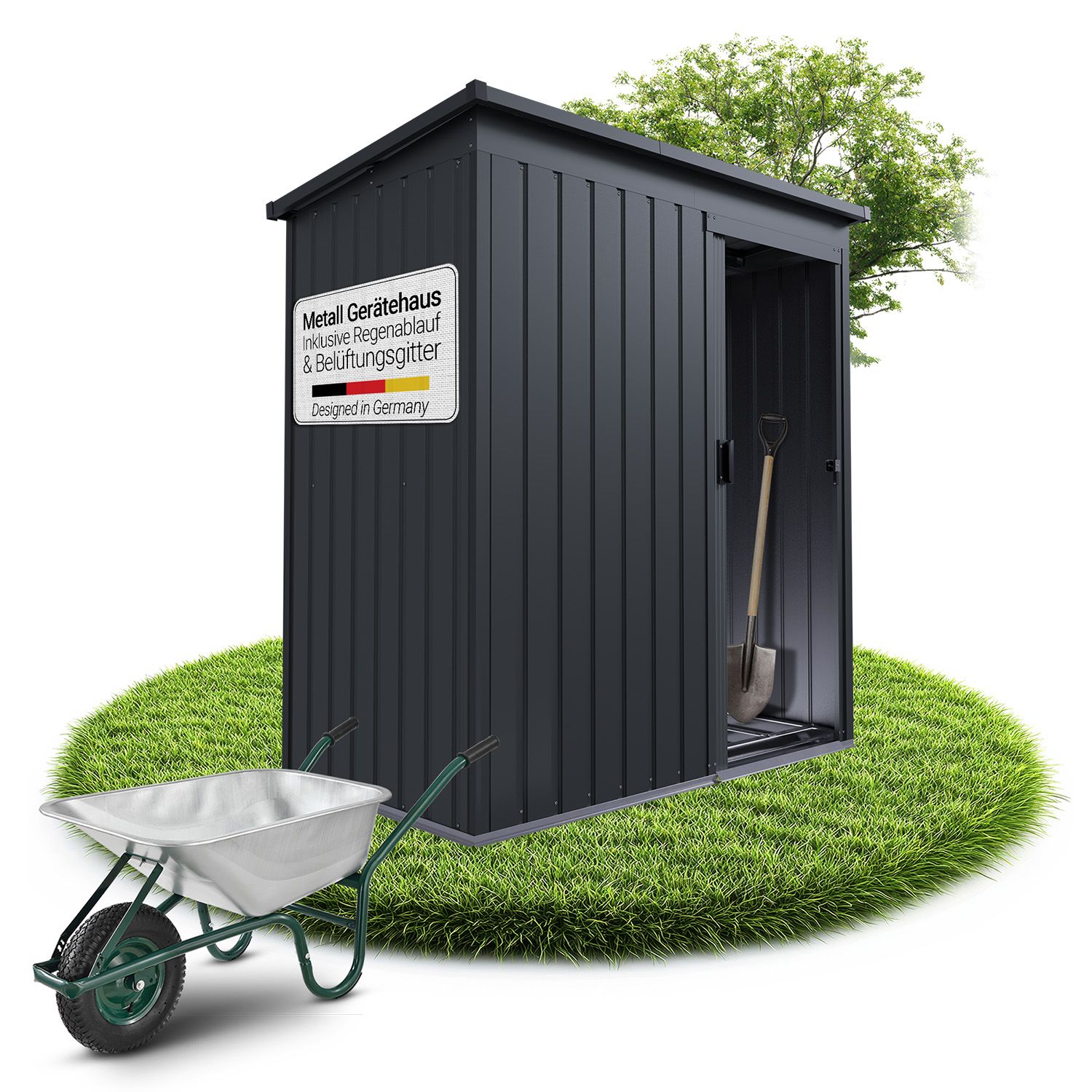 Juskys Metall Ger&auml;teschuppen S &ndash; Dunkelgrau, wetterfest mit Fundamentrahmen, Schiebet&uuml;r & abschlie&szlig;bar - f&uuml;r Garten & Aufbewahrung 