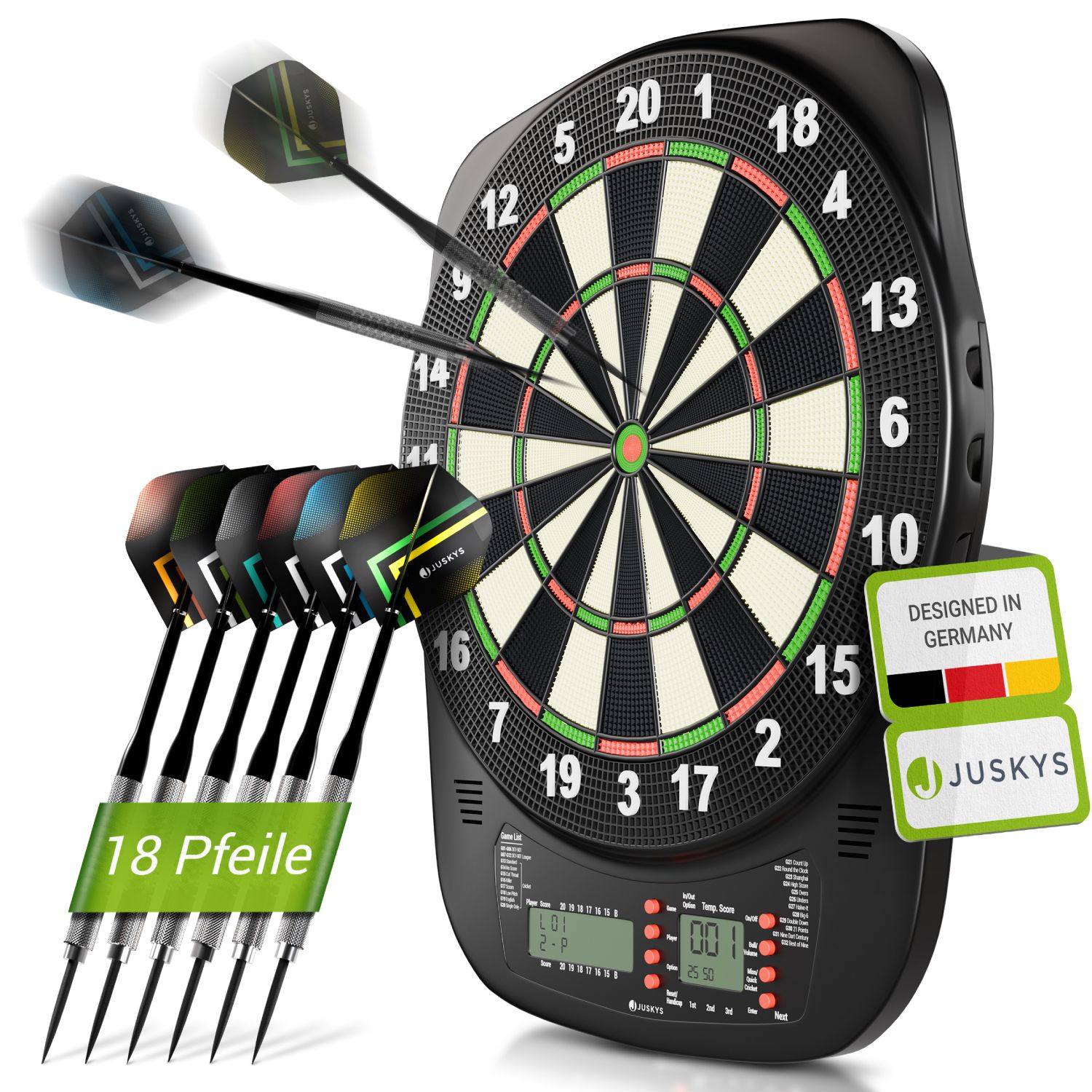 Juskys Elektronische Dartscheibe mit 32 Spielen f&uuml;r bis zu 8 Spieler, LCD-Display & 18 Darts 