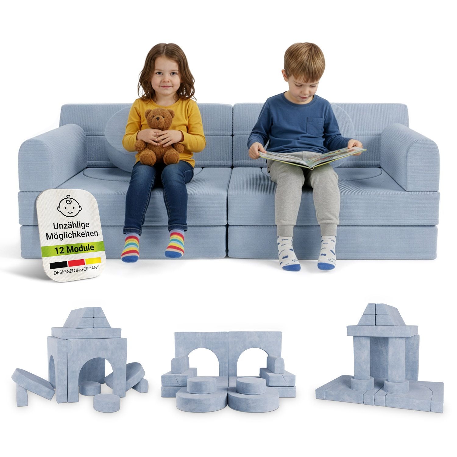 Juskys Kinder Spielsofa Kayo - Hellblau, baubare Stapelsteine f&uuml;r Kinder, pflegeleichte Kindercouch aus Cord 